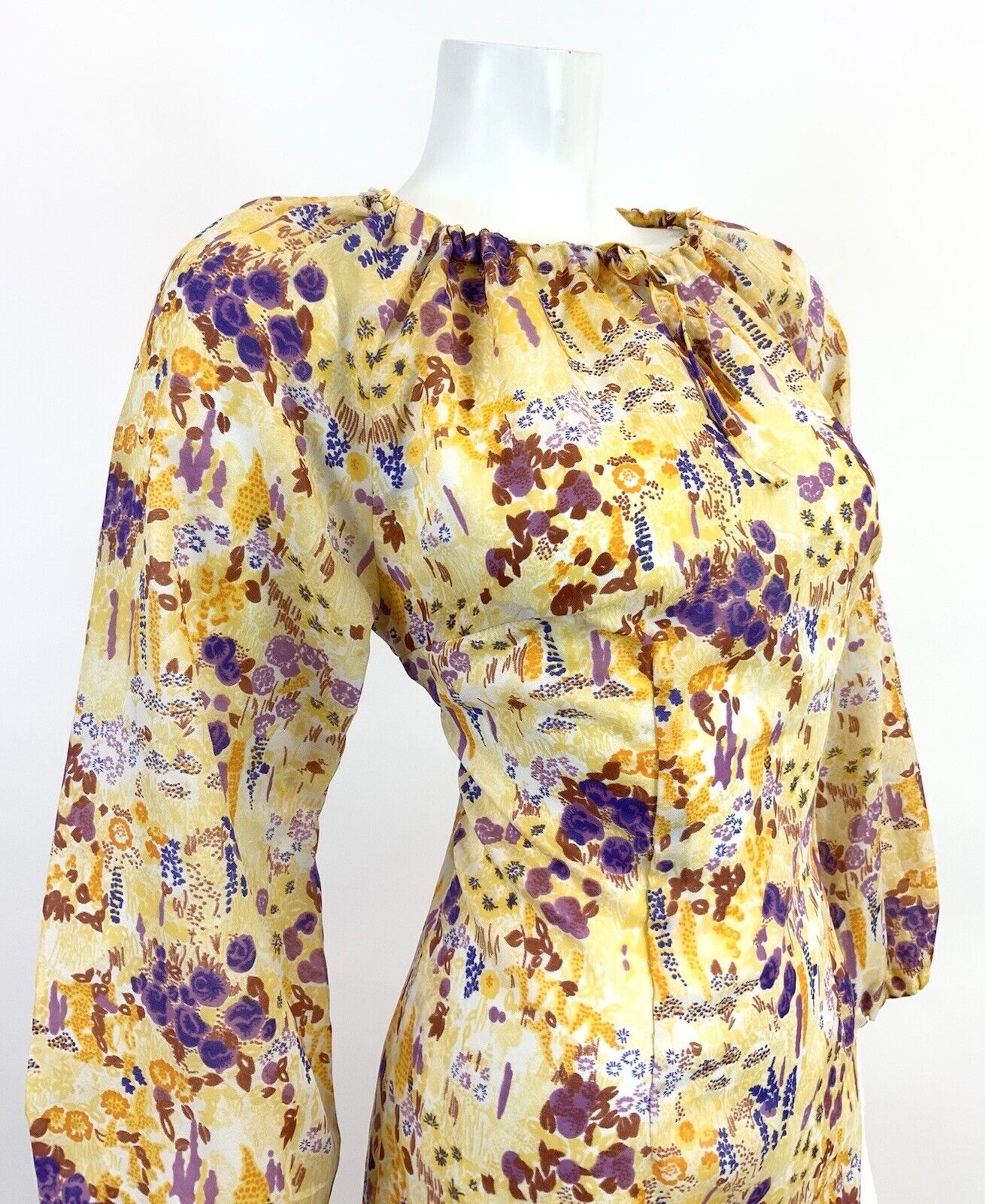 VINTAGE 60s 70s YELLOW WHITE PURPLE FLORAL DITSY BOHO FOLK FLOATY DRESS 14 16