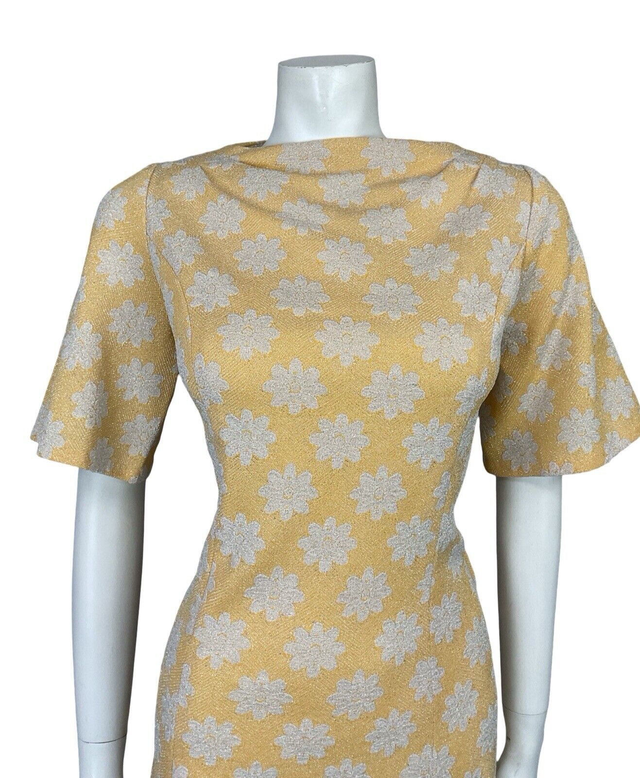 VTG 60S FLOWER POWER SILVER YELLOW GOLD FLARE SHORT SLEEVE PARTY MIDI DRESS 12