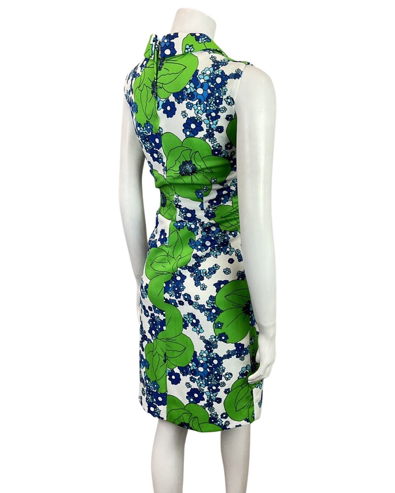 VINTAGE 60s 70s GREEN BLUE WHITE FLORAL MOD SUMMER SLEEVELESS DRESS 10