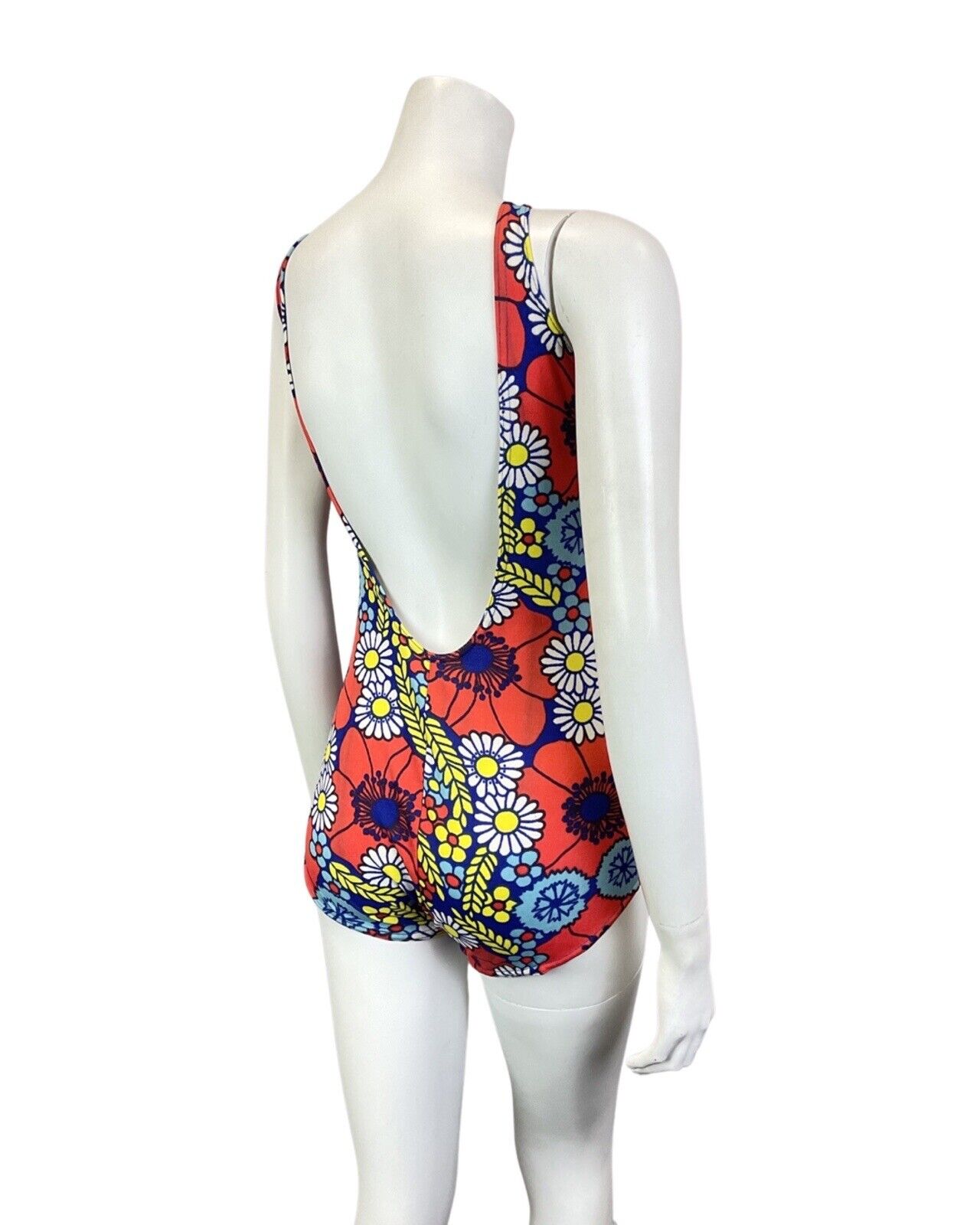 VINTAGE 60s 70s RED BLUE YELLOW DAISY FLOWER MOD SWIMSUIT BODYSUIT 10 12