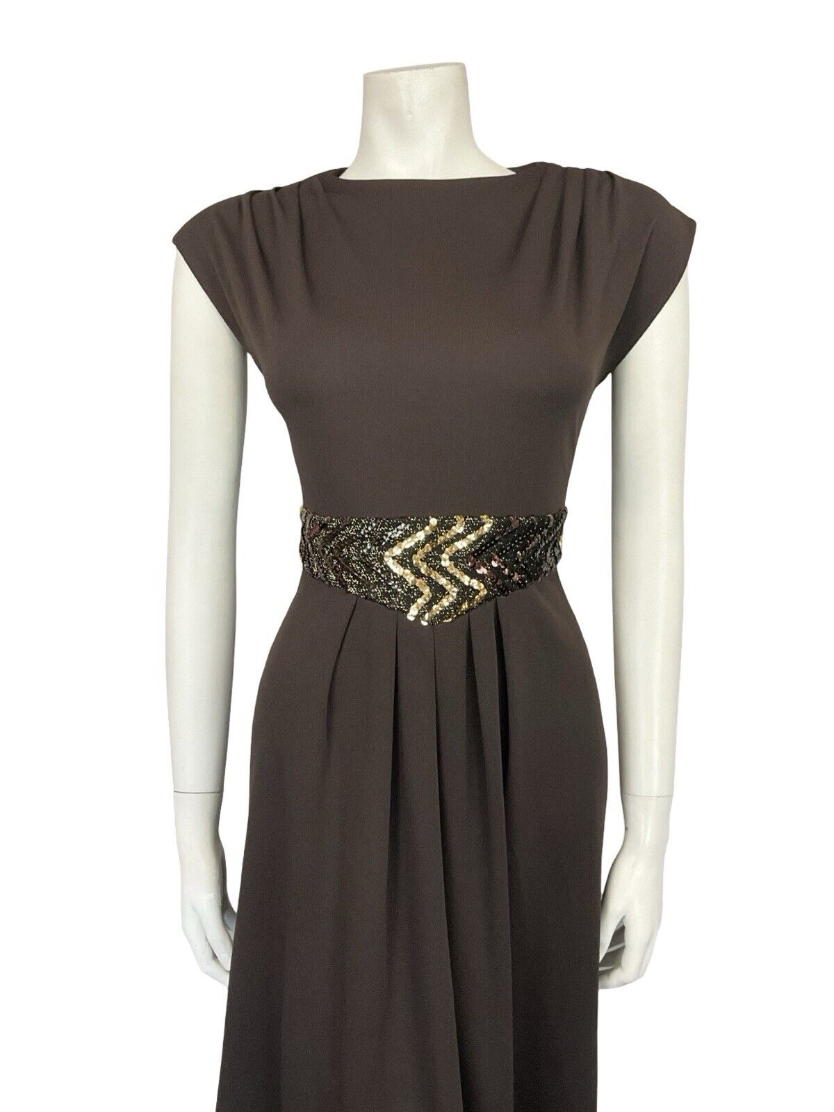 VTG 60S 70S BROWN GOLD SEQUIN BAND PLEATED TUNIC MOD PARTY MIDI DRESS 8