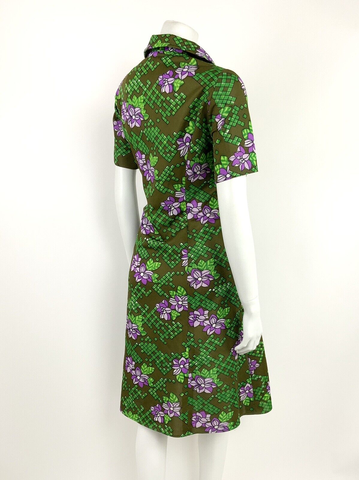 VINTAGE 60s 70s OLIVE GREEN PURPLE WHITE FLORAL GEOMETRIC SHIFT DRESS 14 16