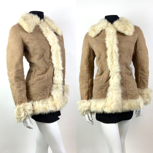 VTG 60s 70s BEIGE CREAM SUEDE LEATHER SHEARLING FUR BOHO MOD SHORT COAT 14 16