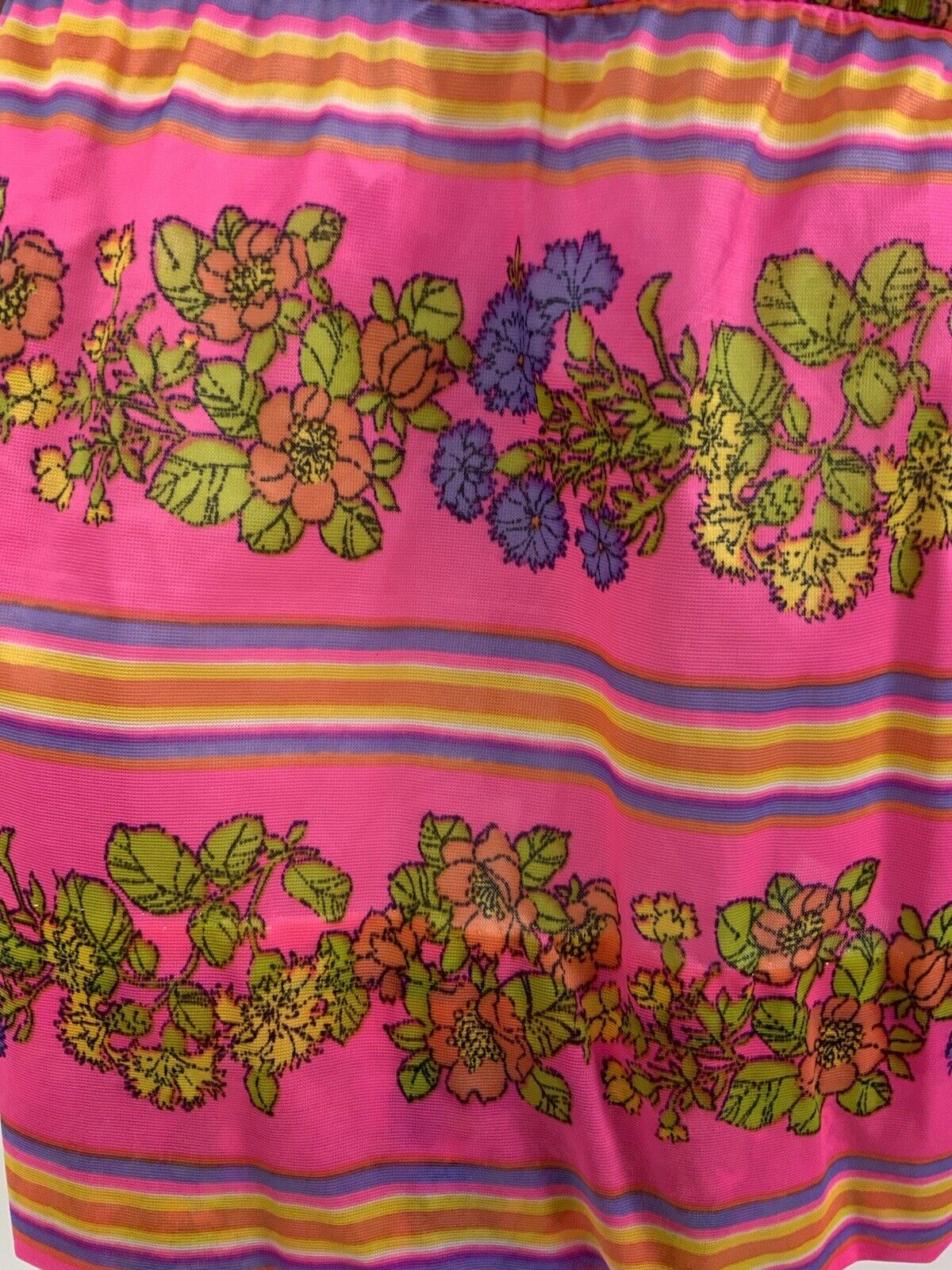VTG 60s 70s NEON PINK YELLOW PURPLE STRIPED FLORAL MOD DROP WAIST DRESS 10 12