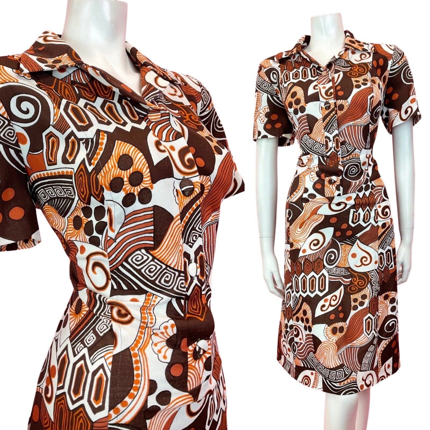 VINTAGE 60s 70s BROWN ORANGE WHITE PSYCHEDELIC SWIRL MOD SHIRT DRESS 14 16