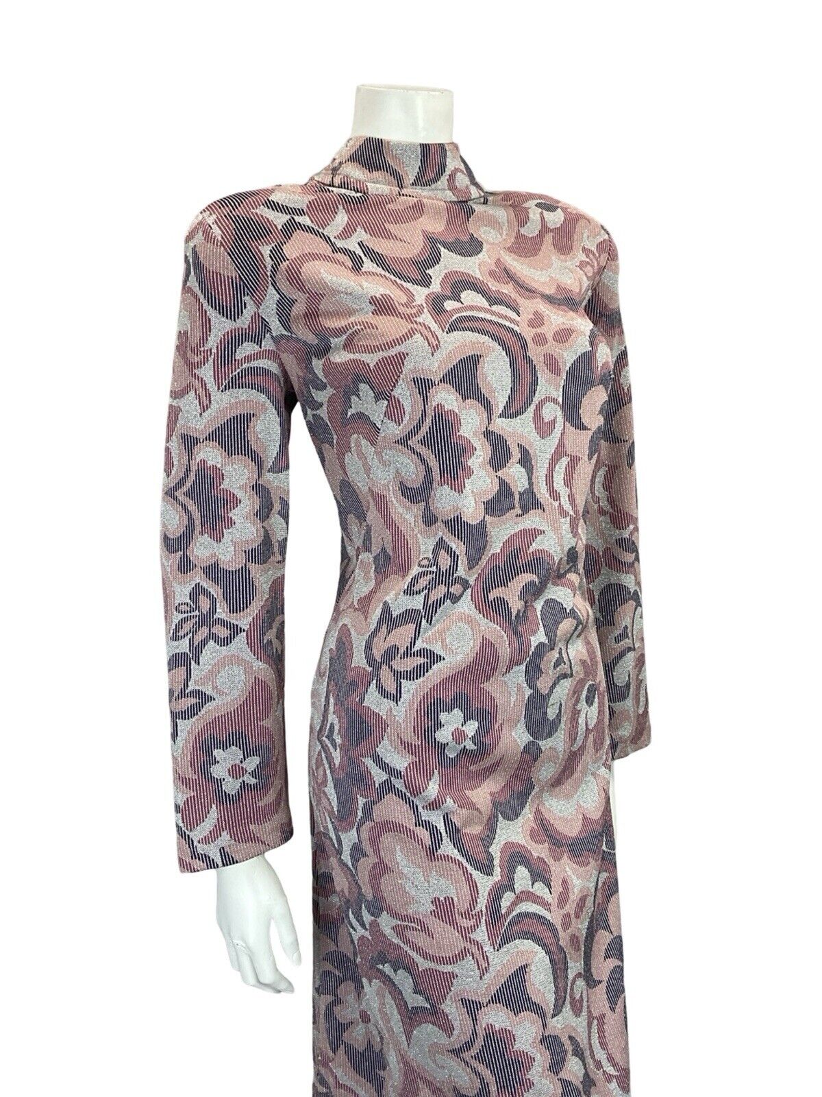 VTG 60S MOD PSYCHEDELIC SILVER PURPLE PINK SPARKLING FUNNEL NECK PARTY DRESS 16
