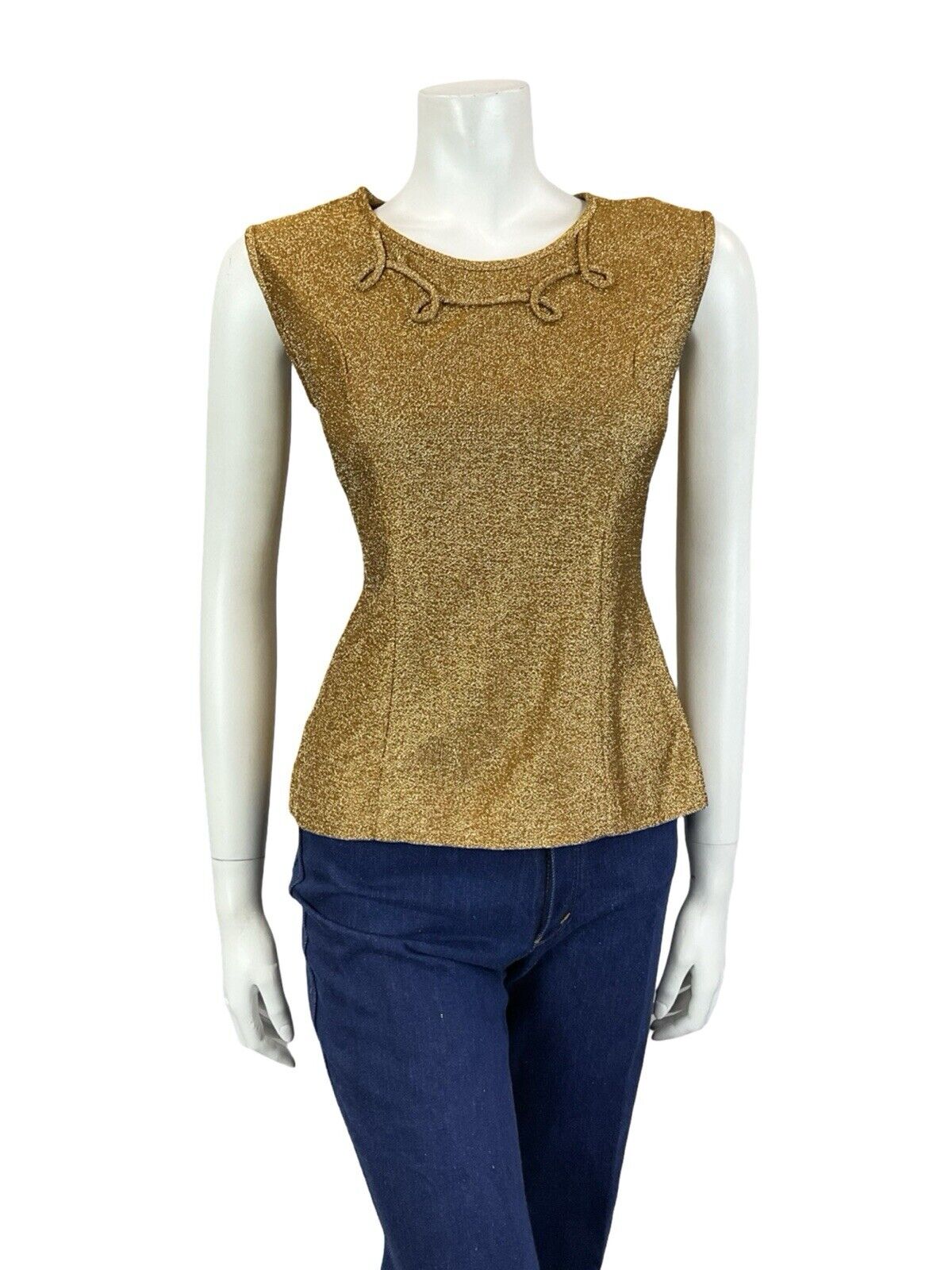 VTG 60S GOLD LUREX SWIRL PIPING ROUNDED NECK SLEEVELESS FITTED PARTY TOP 10