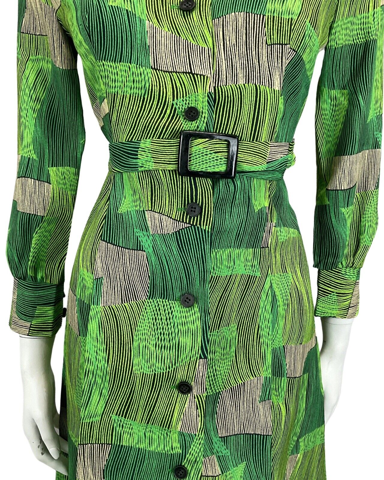 VINTAGE 60s 70s GREEN ABSTRACT PRINT DAGGER COLLAR MIDI MOD BOHO DRESS 12