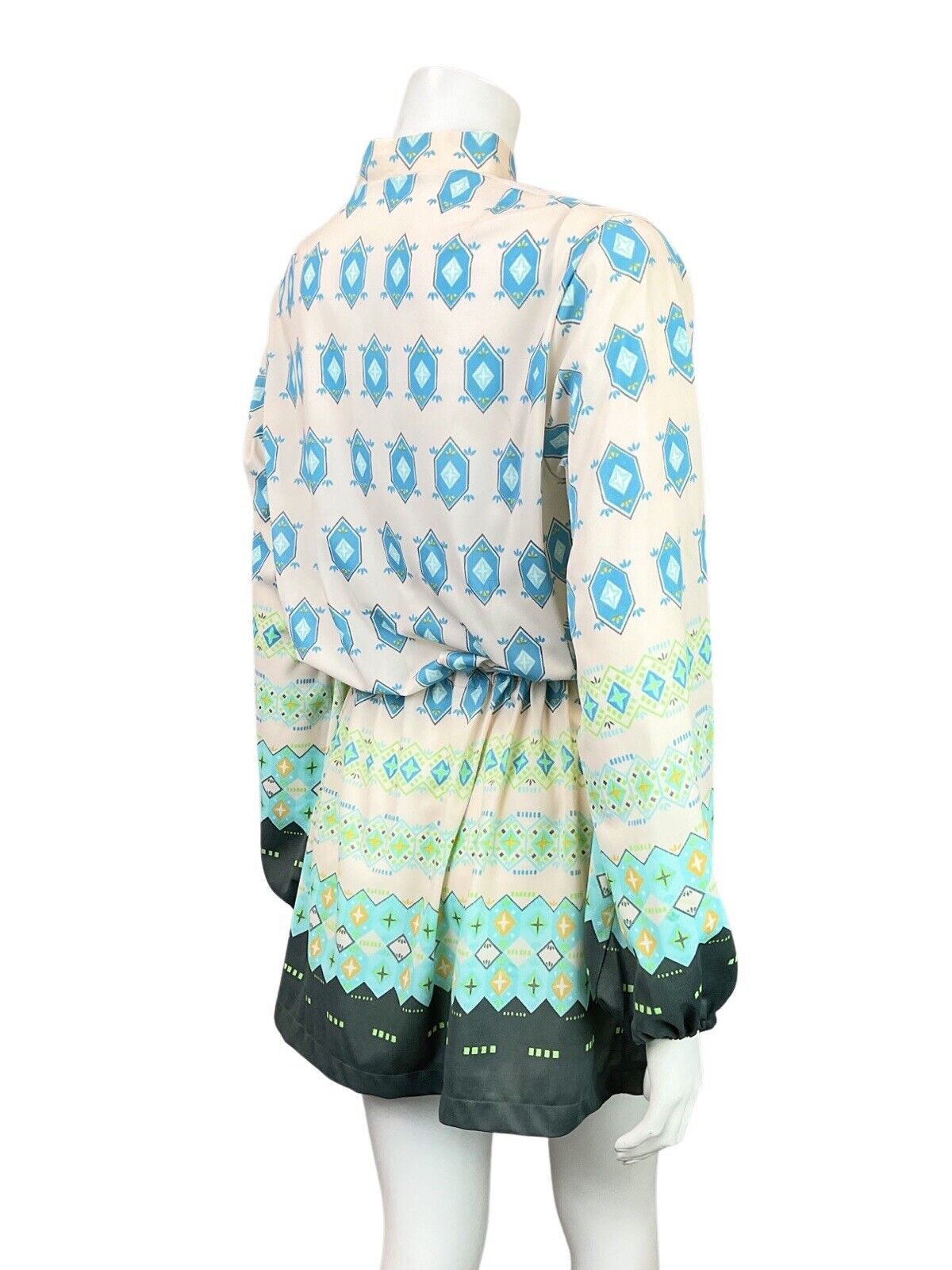VINTAGE 60s 70s WHITE BLUE GREEN GEOMETRIC BOHO FOLK BLOUSON DRESS 12 14