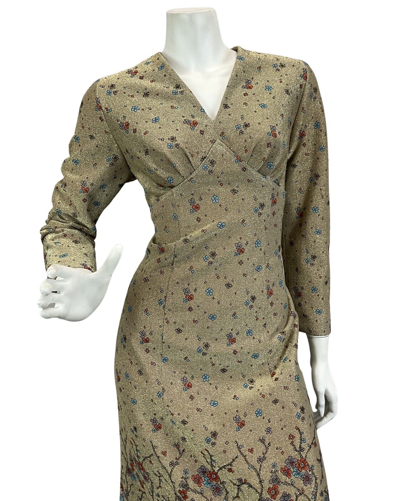 VINTAGE 60s 70s GOLD SPARKLY FLORAL BIRD PRINT DISCO BOHO FOLK MAXI DRESS 10 12