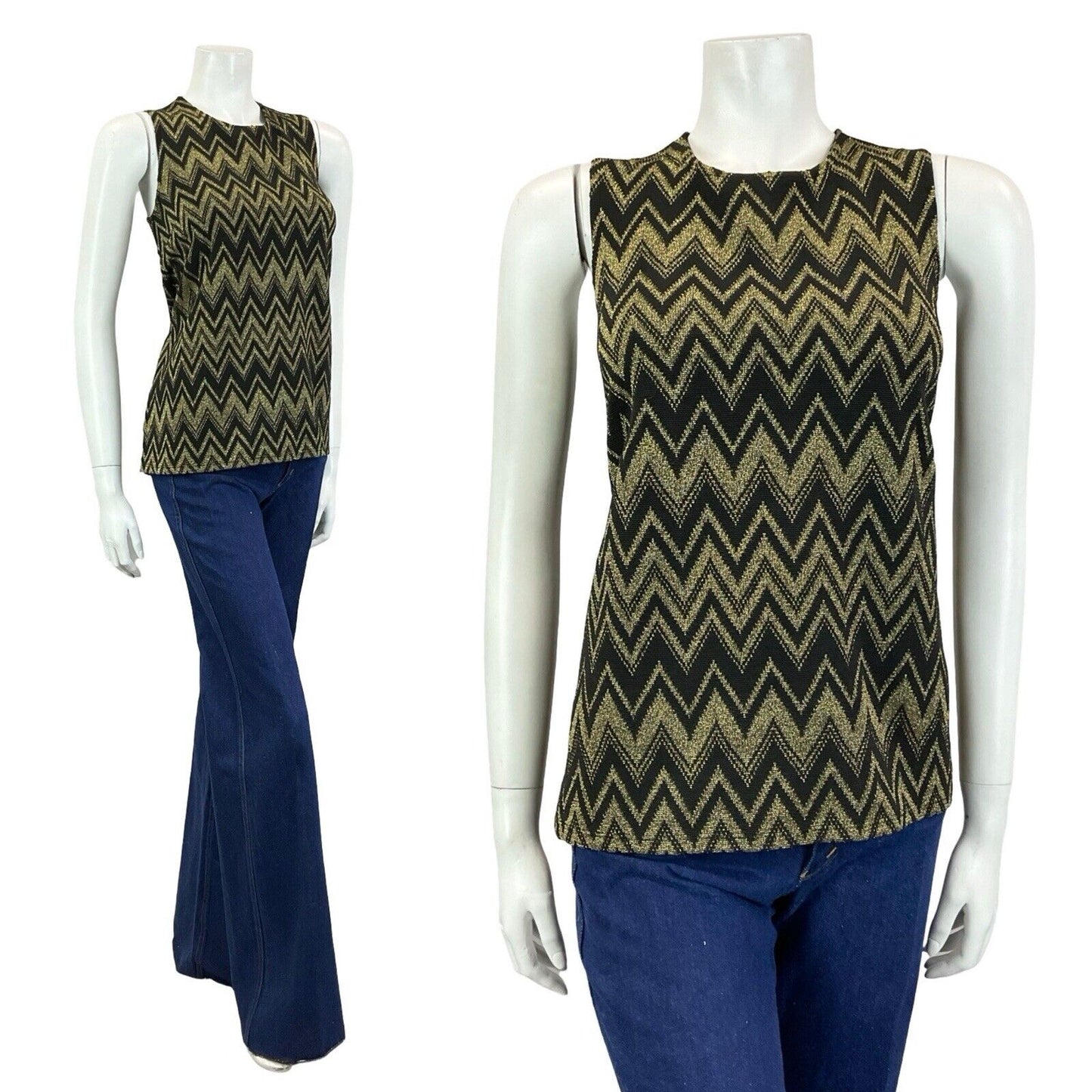 VTG 70S BLACK GOLD GEOMETRIC ZIG ZAG CHEVRON METALLIC DISCO PARTY TANK TOP 8