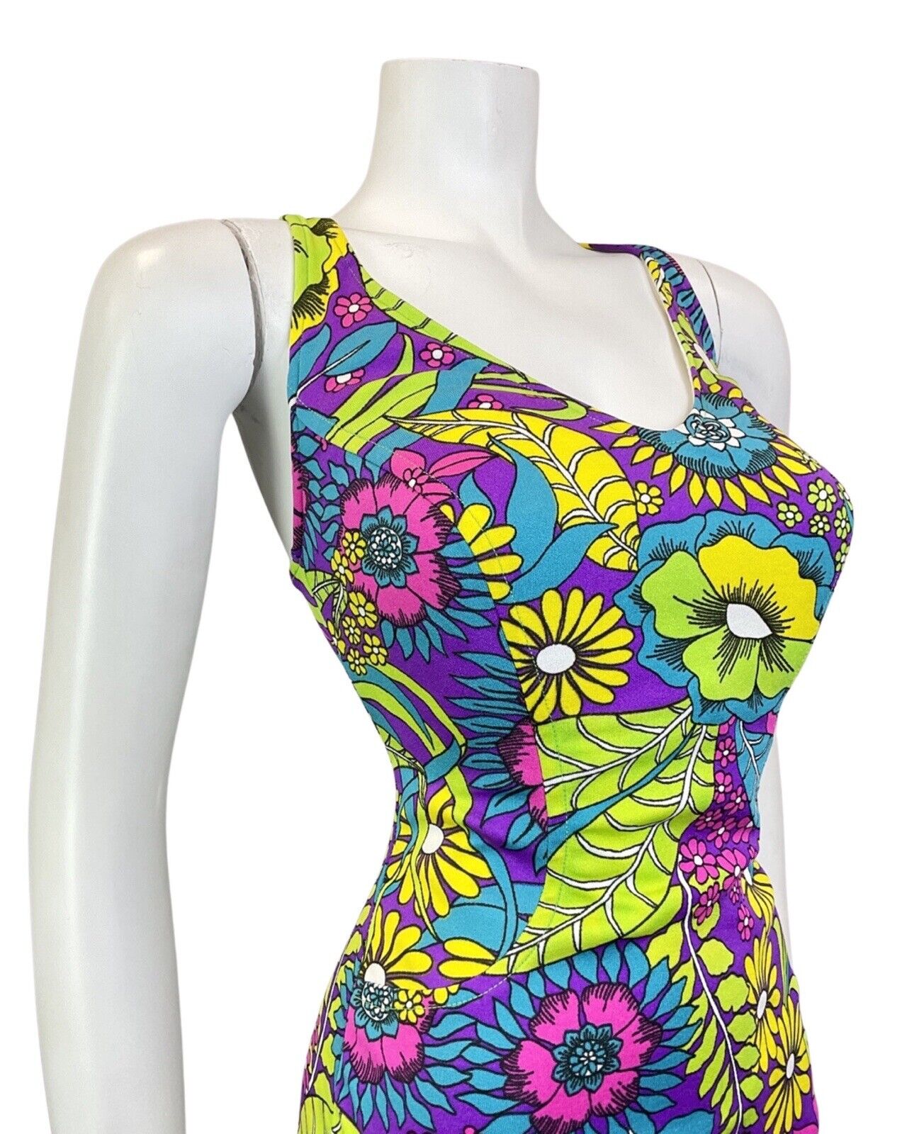 VINTAGE 60s 70s PURPLE YELLOW BLUE PSYCHEDELIC FLORAL SKIRTED SWIMSUIT 16 18