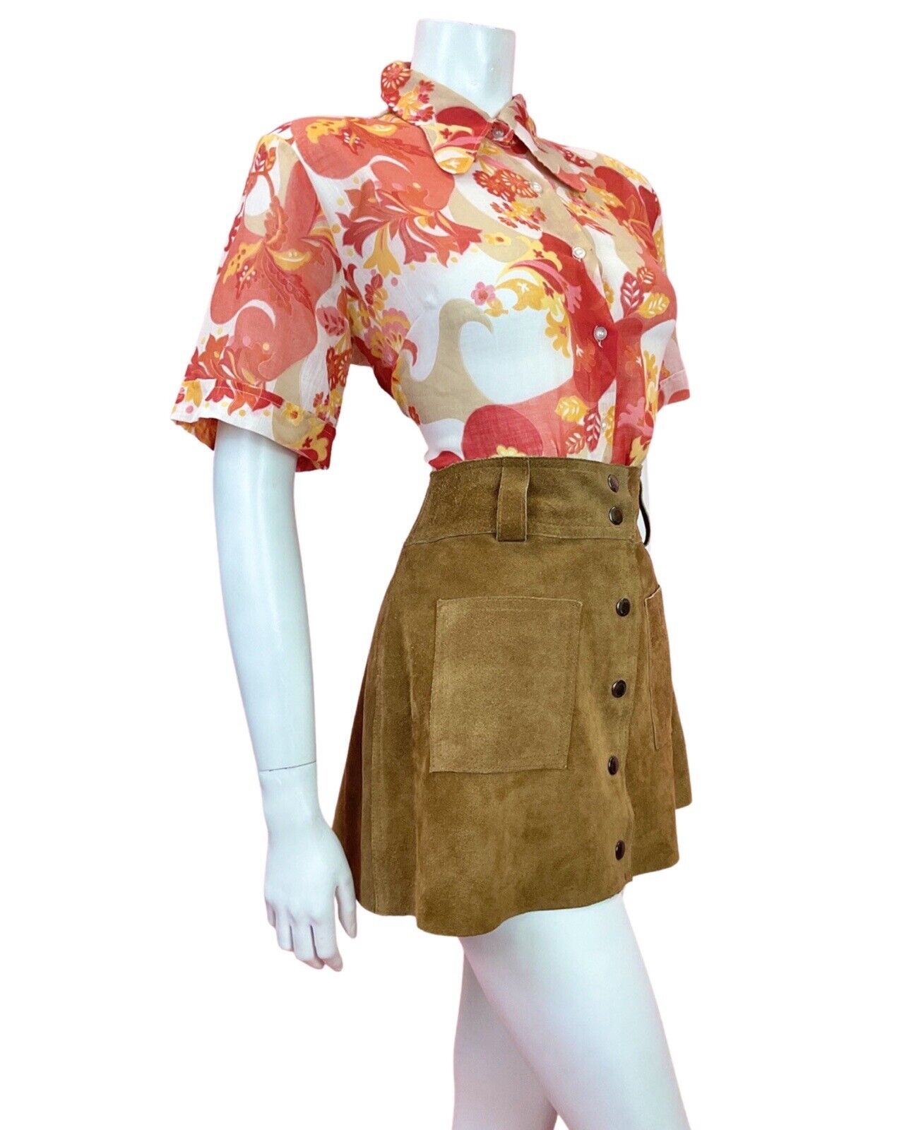 VTG 60s 70s RED ORANGE BEIGE PSYCHEDELIC SWIRL FLORAL SPOON COLLAR SHIRT 16 18
