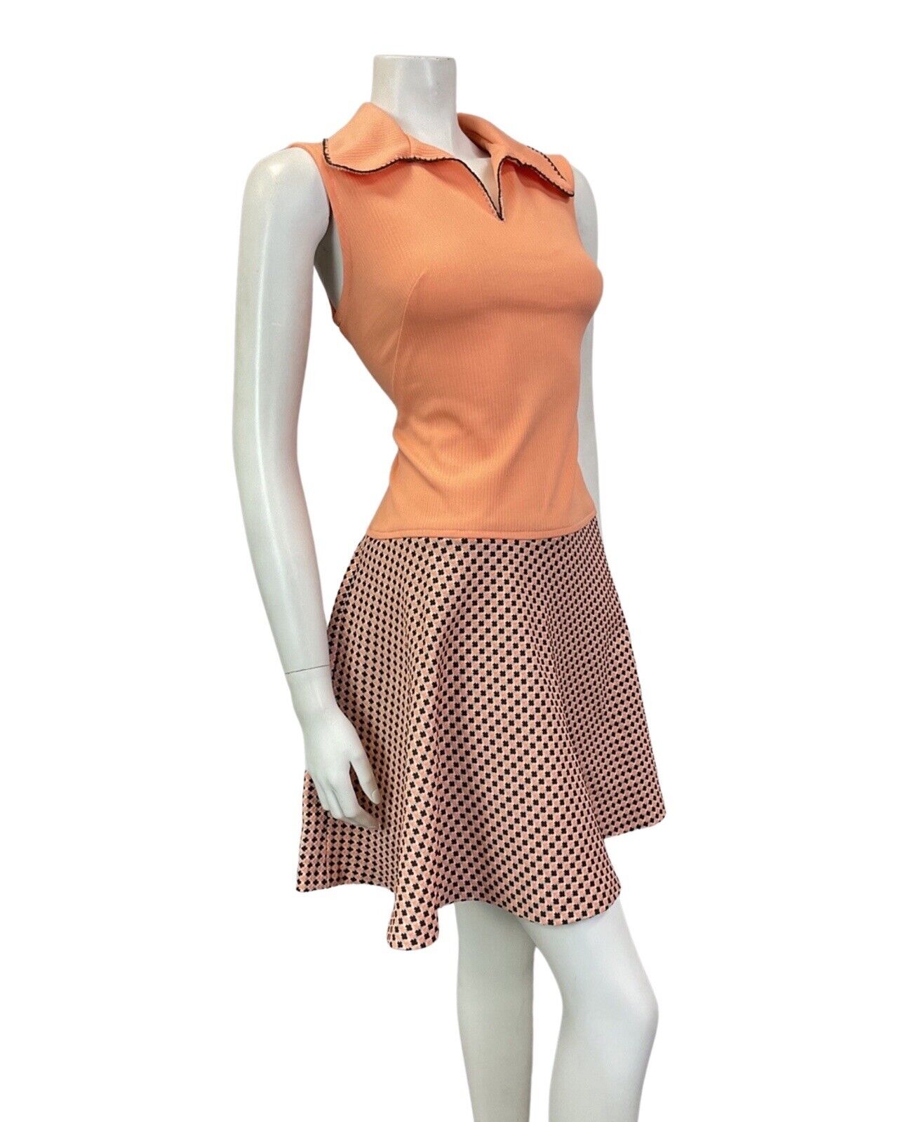 VINTAGE 60s 70s PEACH BROWN WHITE CHECKERBOARD MOD BEAGLE COLLAR SWING DRESS 14