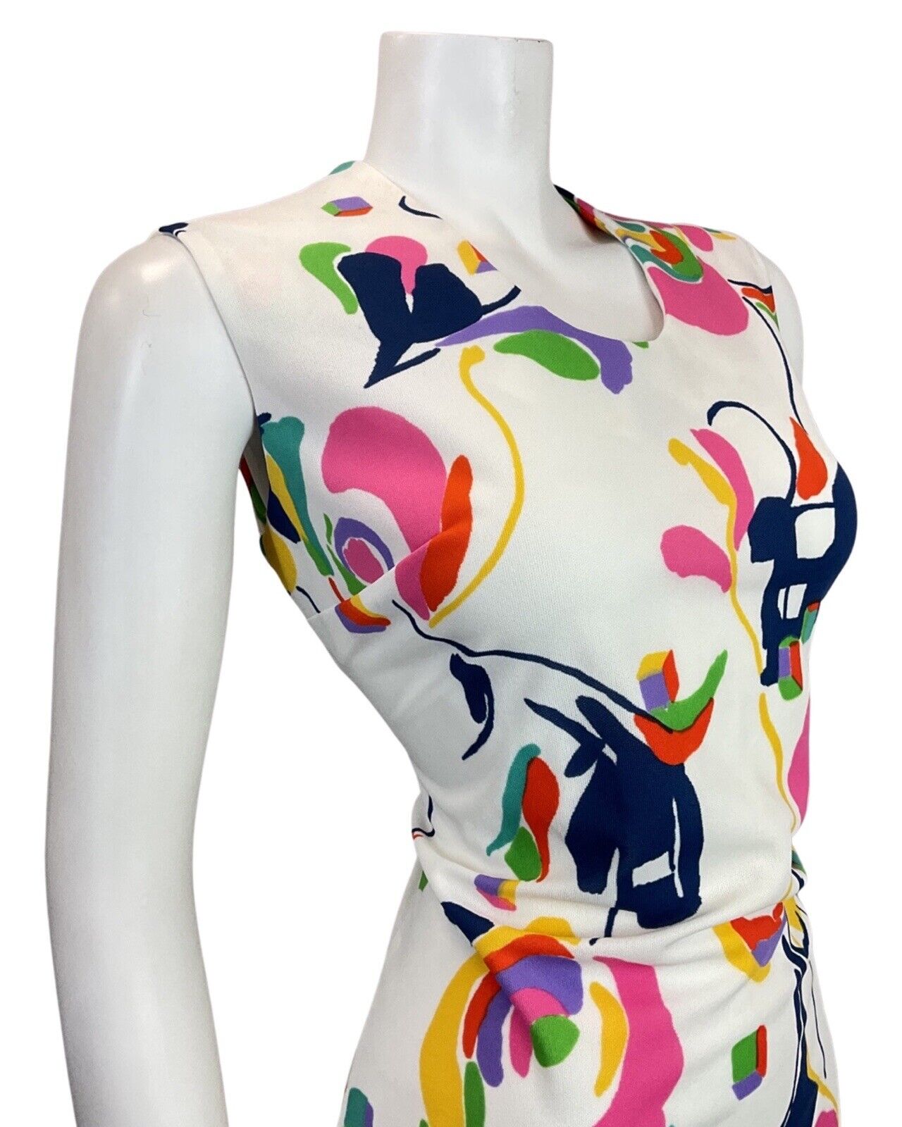VINTAGE 60s 70s WHITE BLUE PINK GREEN ABSTRACT SLEEVELESS MOD DRESS 14 16