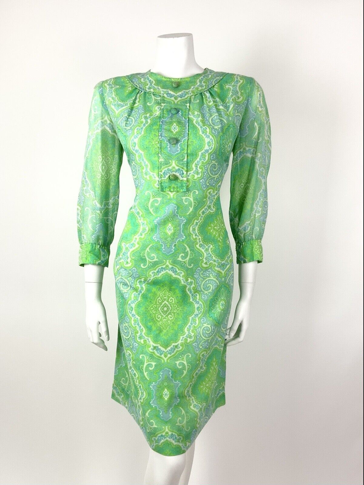VTG 60s 70s GREEN BLUE WHITE FLORAL PSYCHEDELIC DAMASK BAROQUE MOD DRESS 12 14