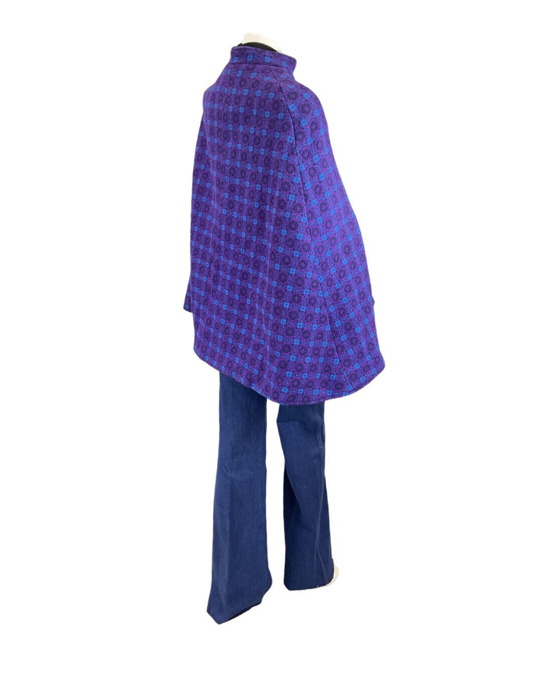 VINTAGE 60s PURPLE BLUE BLACK GEOMETRIC TILED MOD WOOL CAPE 6 8