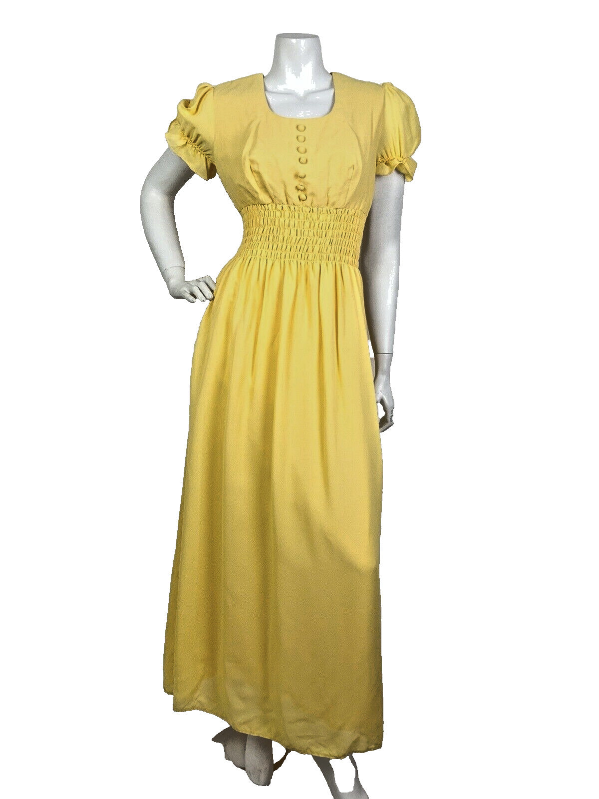 VINTAGE 60s 70s SUNSHINE YELLOW PUFF SLEEVE PRAIRIE BOHO MAXI DRESS 10 12