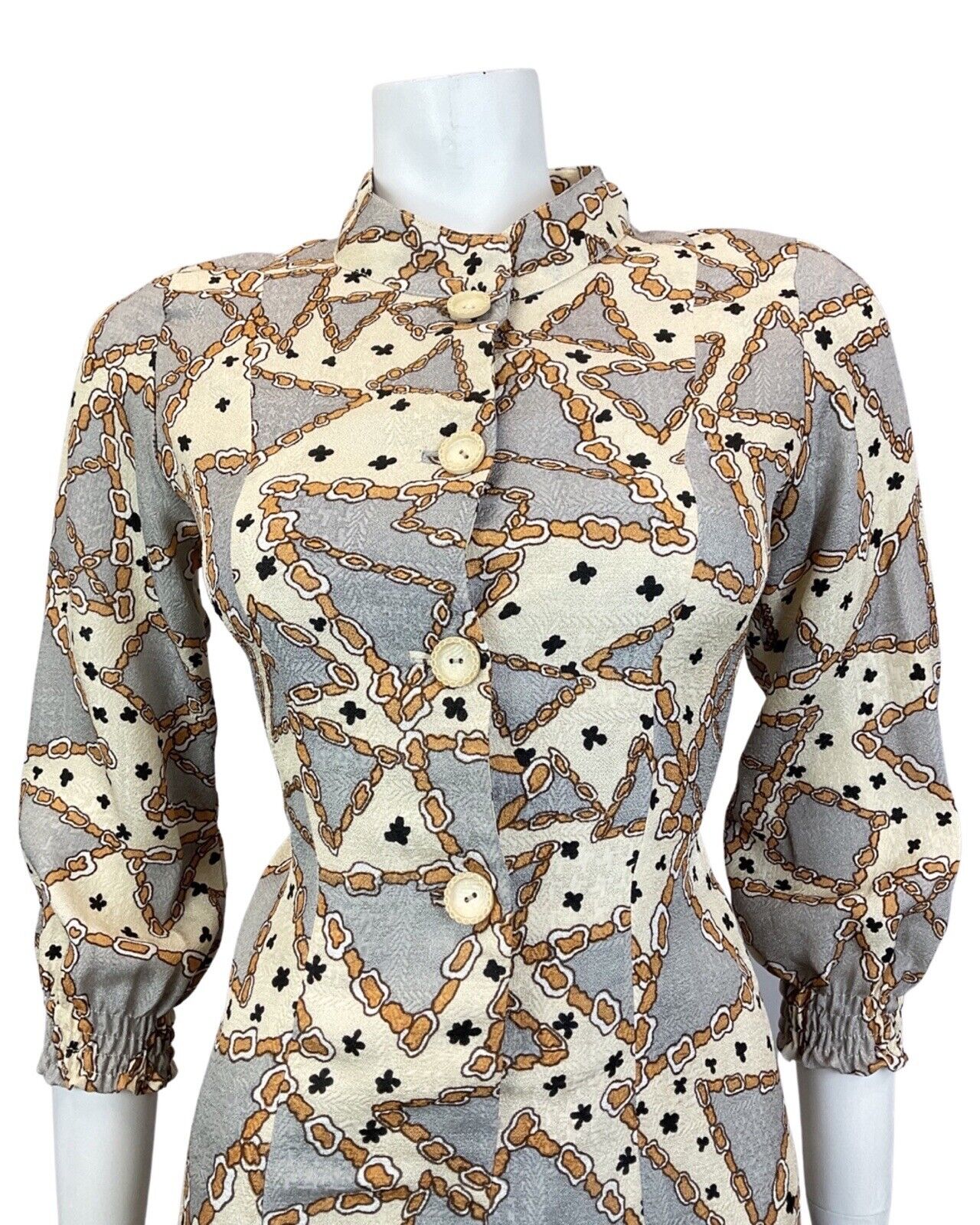 VINTAGE 60s 70s CREAM SILVER BROWN GLITTERY GEOMETRIC CHAIN MOD SHORT DRESS 10