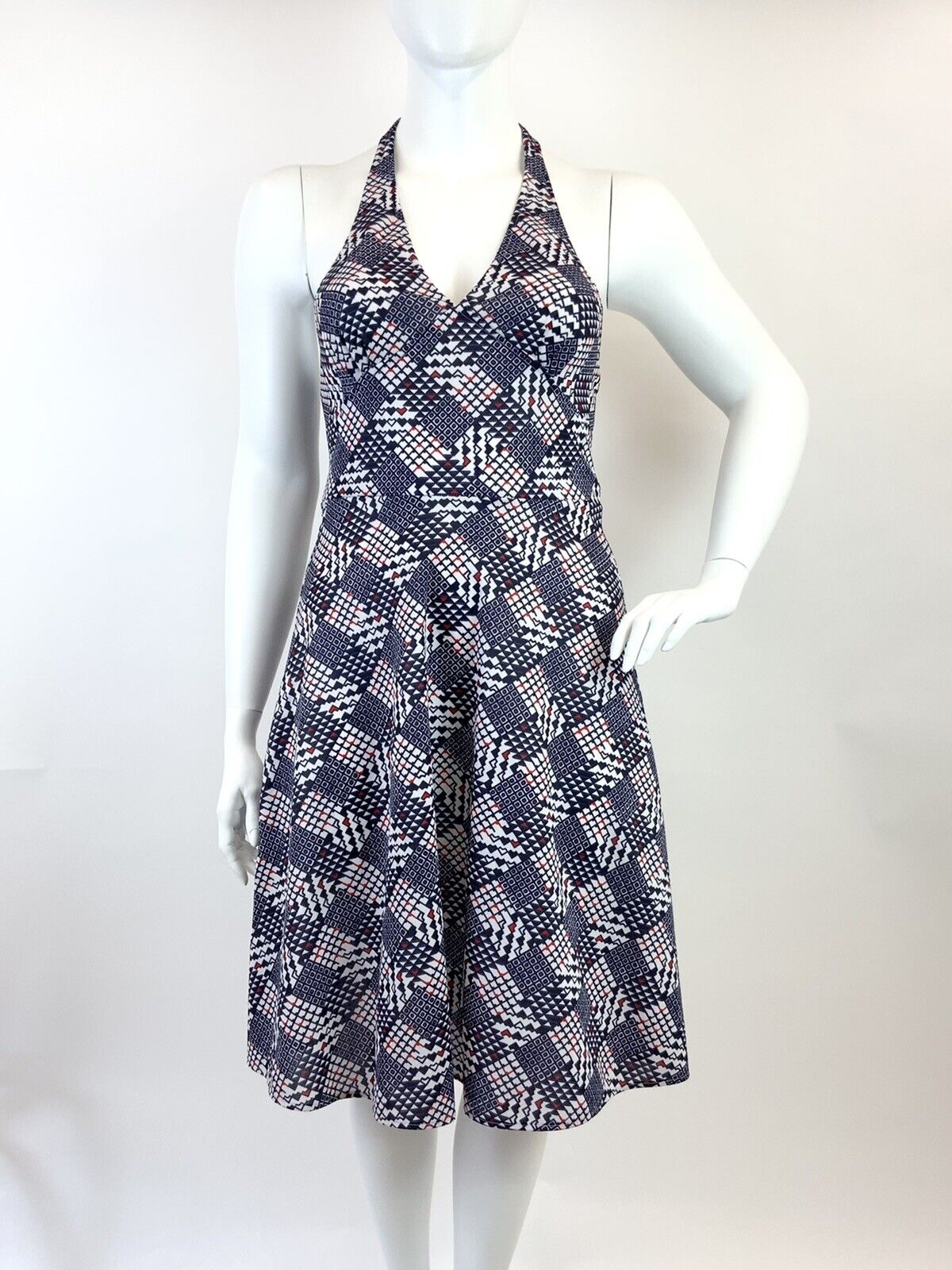 VINTAGE 60s 70s BLUE RED WHITE GEOMETRIC CHECKERBOARD MOD HALTER SUMMER DRESS 16