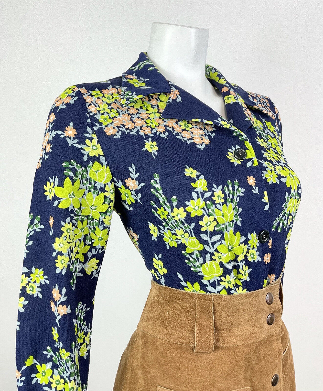 VINTAGE 60s 70s BLUE GREEN PINK FLORAL BLOSSOM WING COLLAR SHIRT BLOUSE 12 14