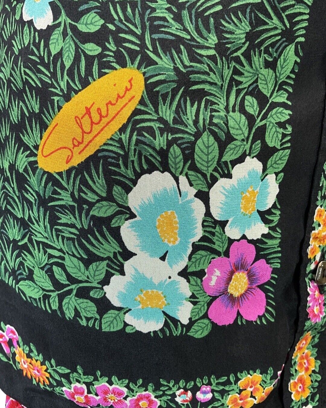 VINTAGE 70s 90s GREEN BLACK PINK LEAFY FLOWER GARDEN DAGGER COLLAR BLOUSE 12 14