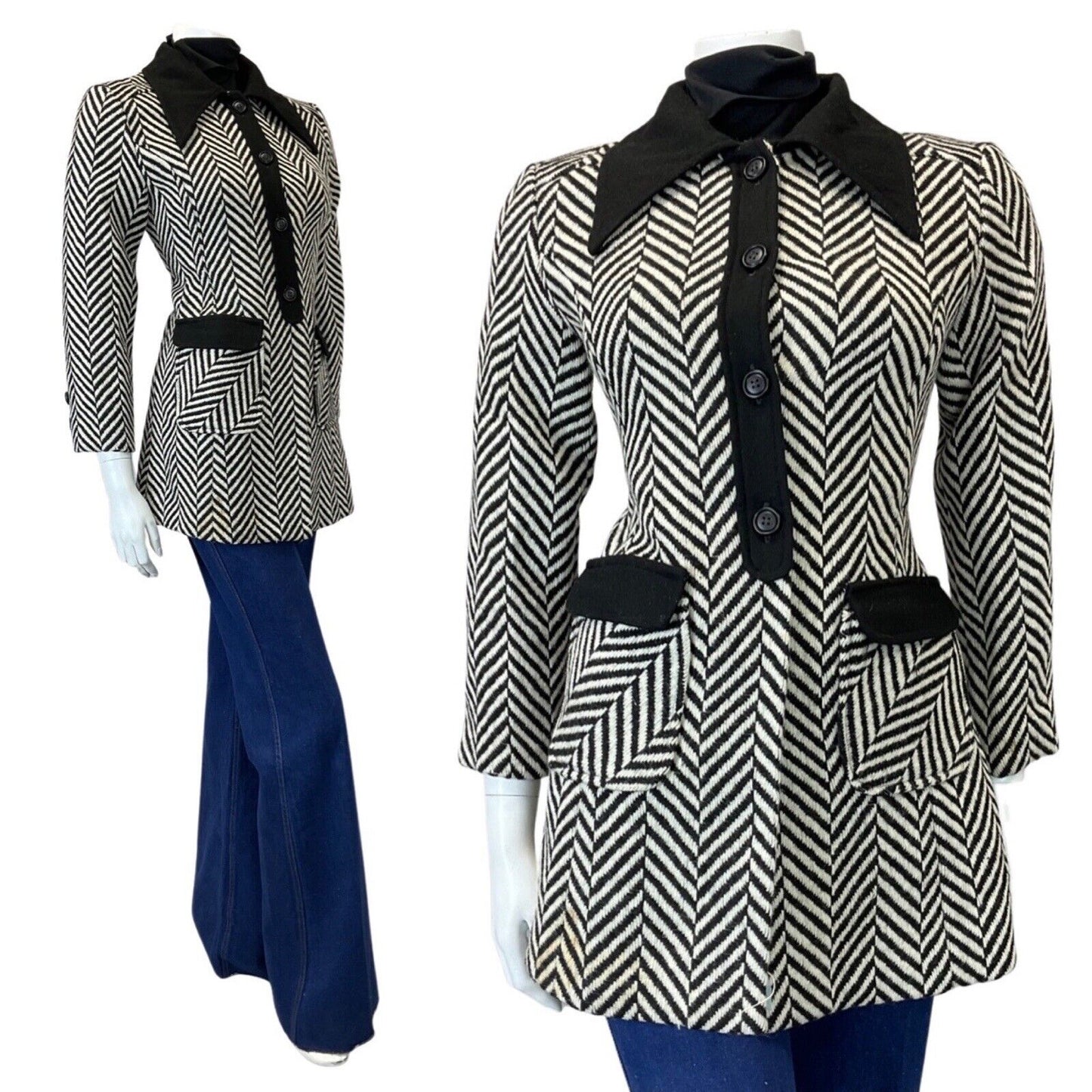 VINTAGE 60s 70s BACK WHITE CHEVRON ZIG-ZAG DAGGER COLLAR MOD WOOL BLAZER COAT 12