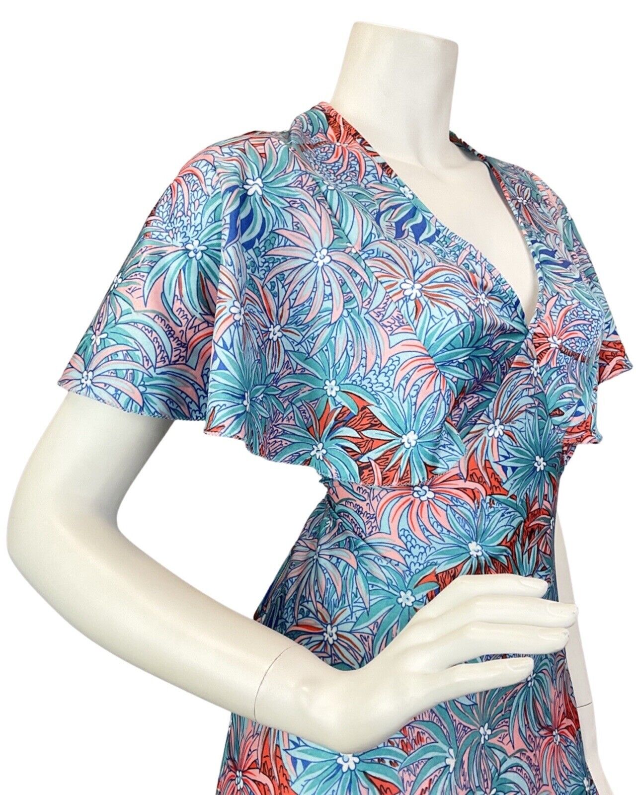 VINTAGE 60s 70s BLUE RED PEACH PSYCHEDELIC PALM LEAF FLORAL CAPED MAXI DRESS 14