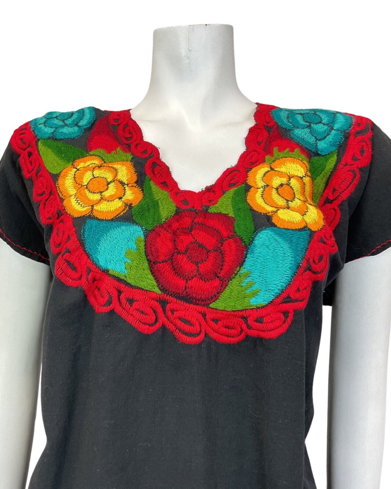 VINTAGE 60s 70s BLACK RED YELLOW FLORAL EMBROIDERED BOHO FOLK BLOUSE 16 18
