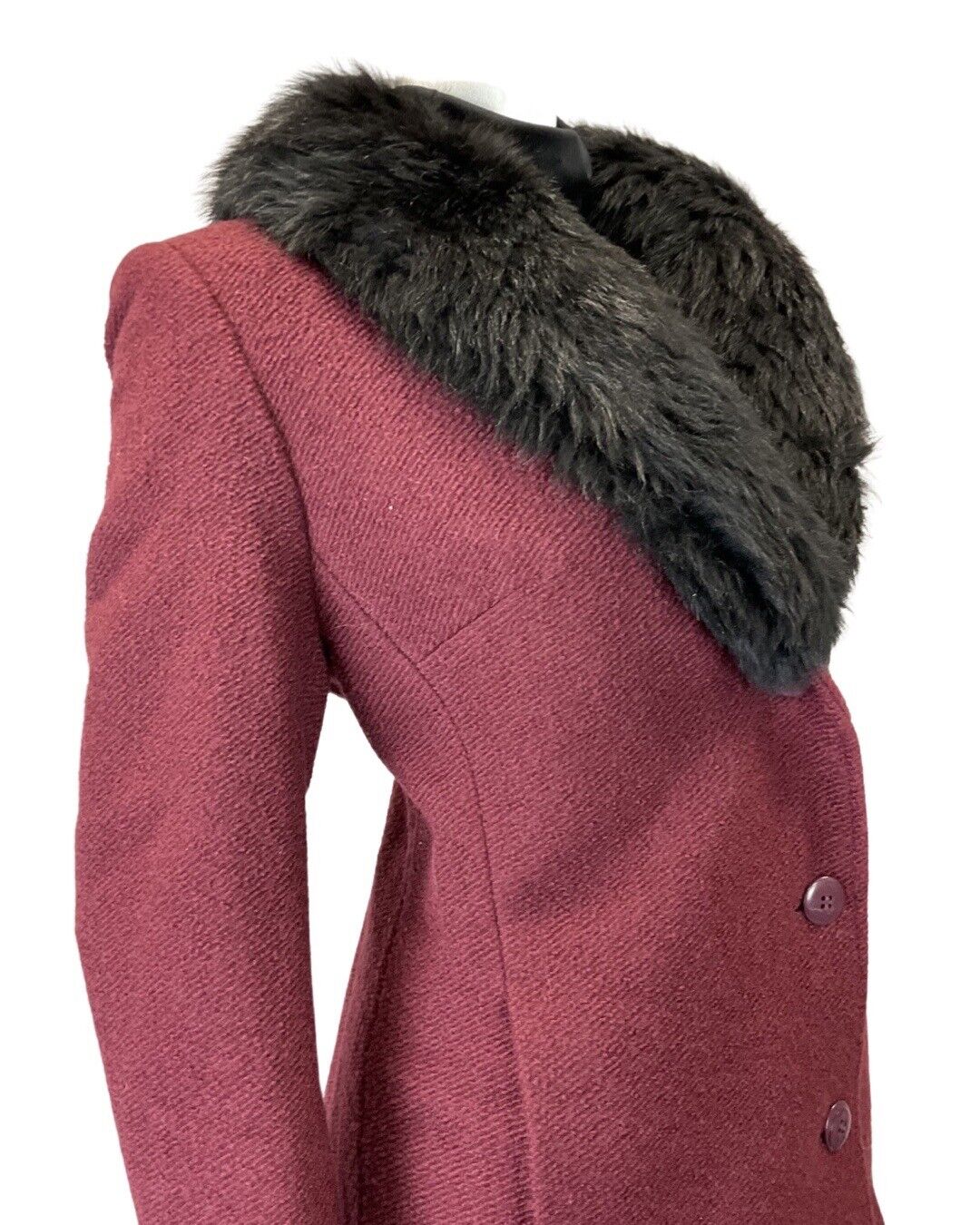 VINTAGE 60s 70s MAROON PURPLE BLACK FAUX FUR MOD MID-LENGTH WOOL COAT 14 16