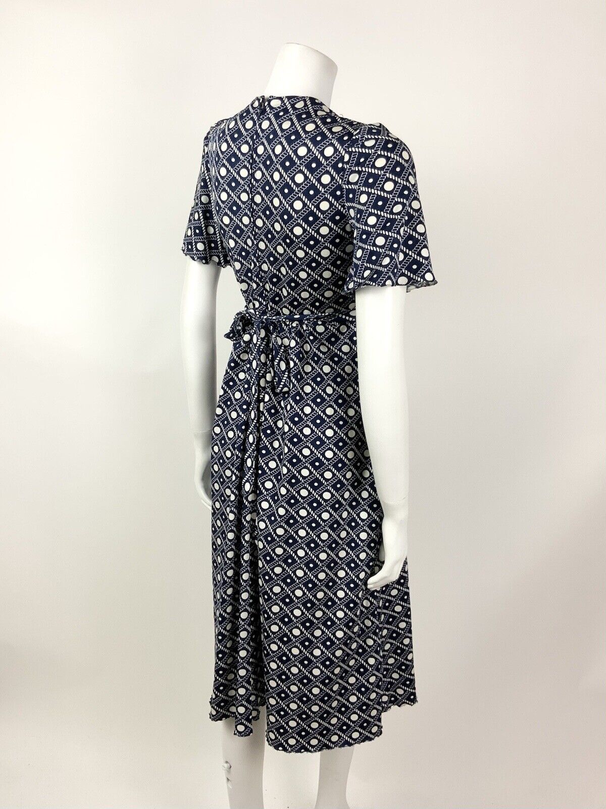 VINTAGE 60s 70s NAVY BLUE WHITE GRID ROPE DOTTY NAUTICAL SWING DRESS 10 12
