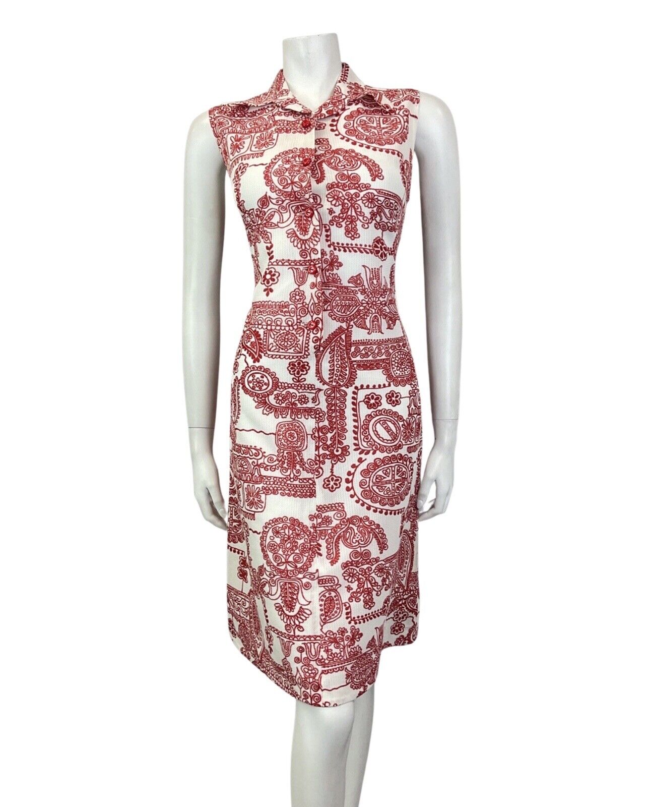 VINTAGE 60s 70s WHITE RED PSYCHEDELIC FLOWER FOLK SLEEVELESS SHIRT DRESS 12