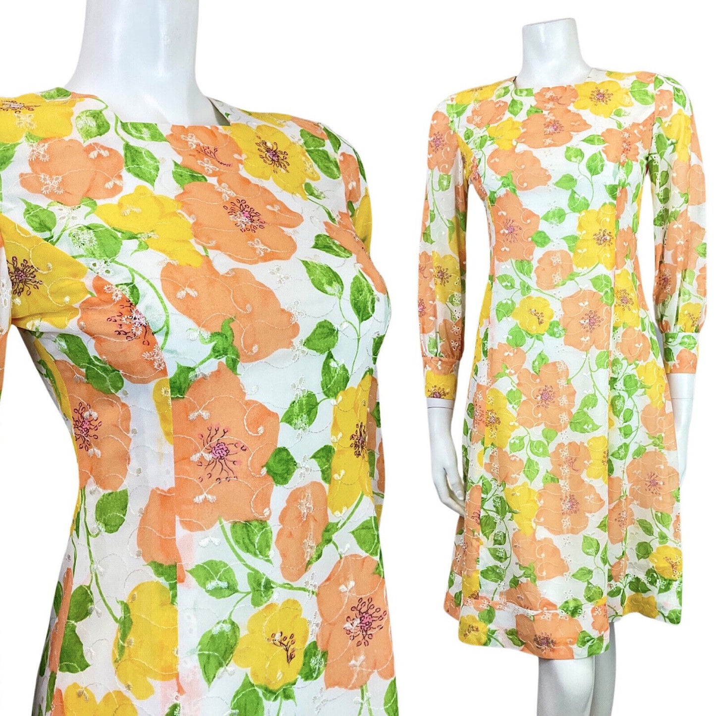 VINTAGE 60s 70s WHITE YELLOW ORANGE GREEN EMBROIDERED FLORAL LEAFY MOD DRESS 8