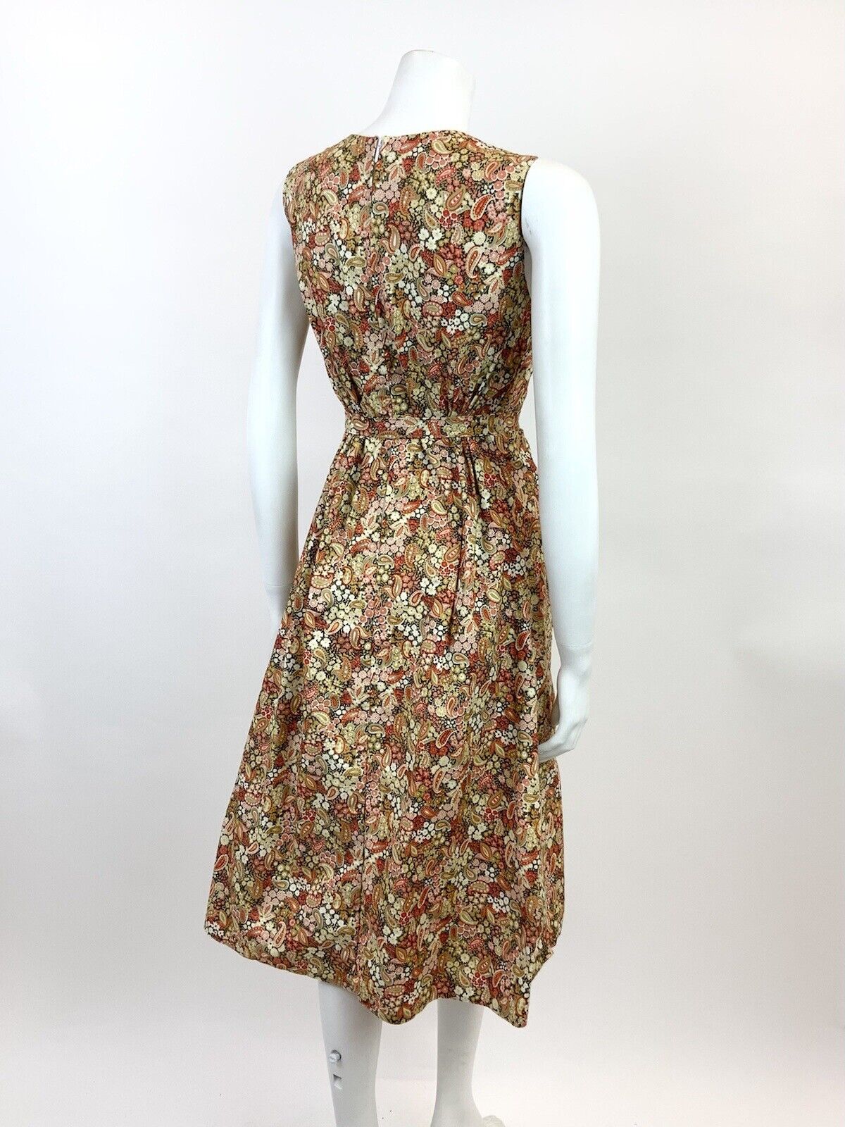 VTG 60s 70s CREAM GREEN RED BROWN FLORAL DITSY PAISLEY PSYCHEDELIC DRESS 12 14