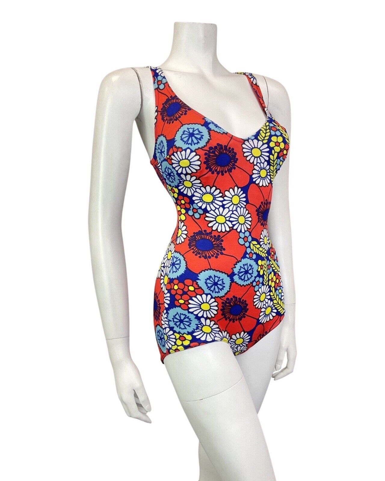 VINTAGE 60s 70s RED BLUE YELLOW DAISY FLOWER MOD SWIMSUIT BODYSUIT 10 12
