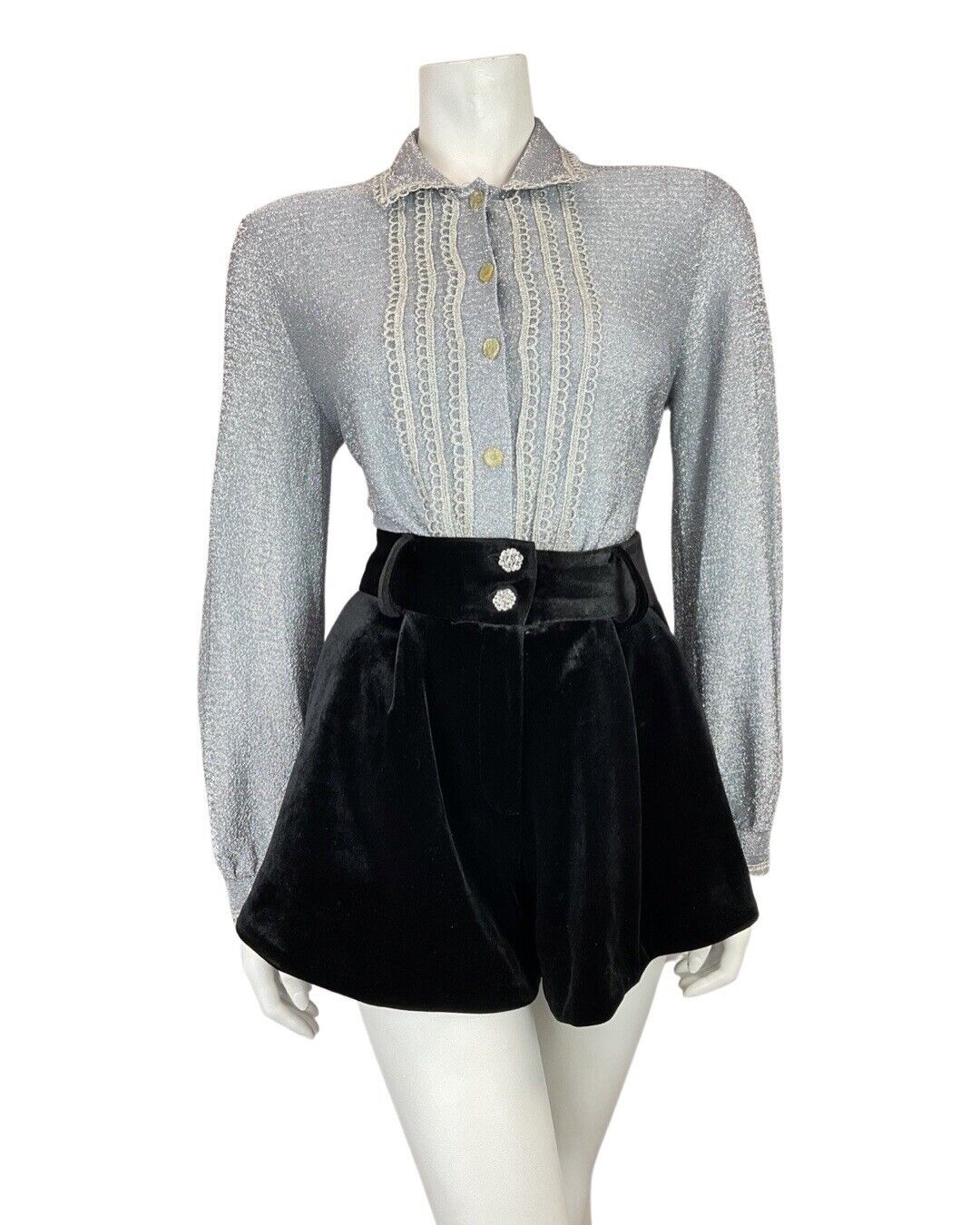 VINTAGE 60s 70s SILVER SCALLOPED GLITTER DISCO PARTY STUDIO 54 LUREX SHIRT 14 16