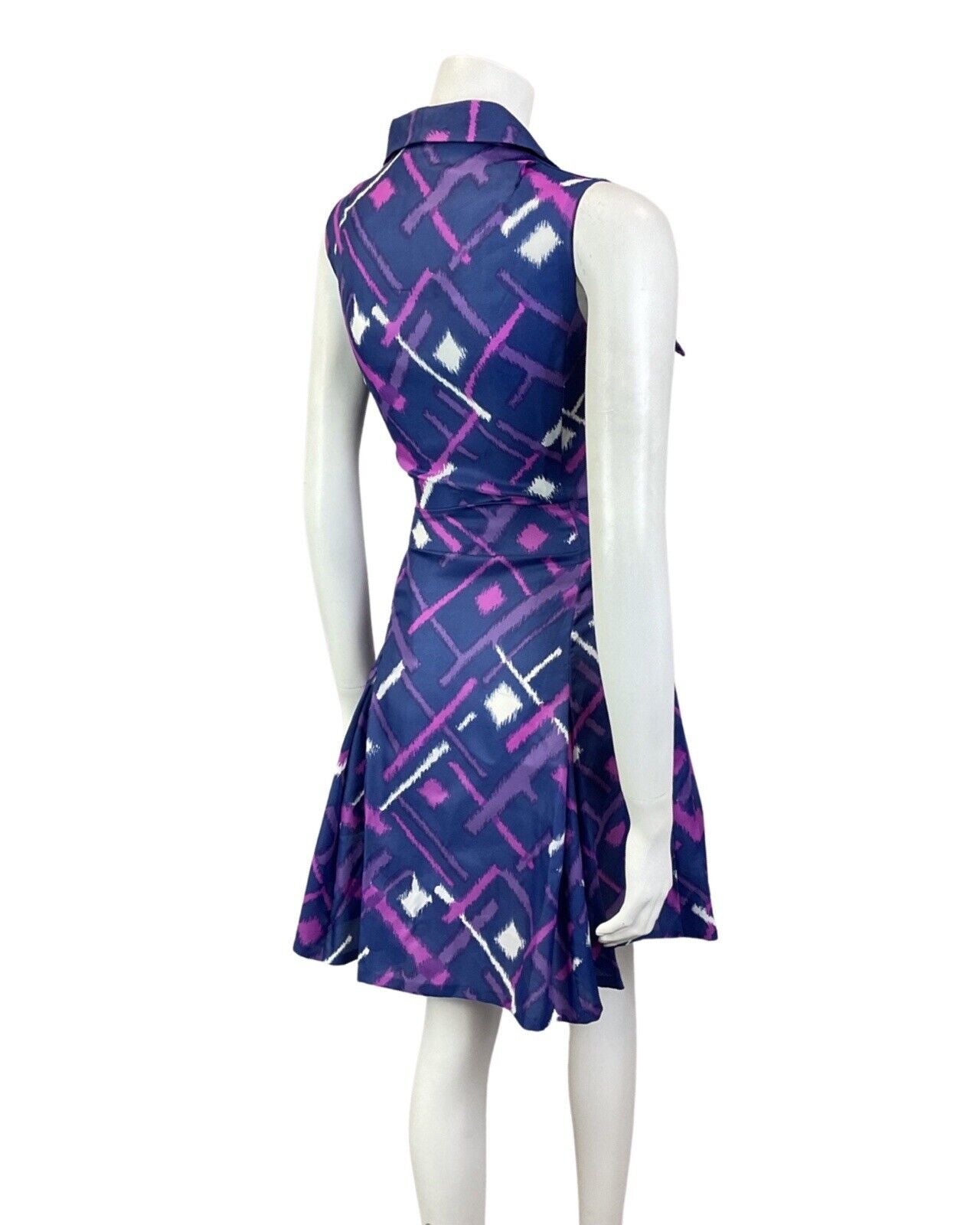 VTG 60s 70s BLUE PURPLE PINK STRIPED GEOMETRIC WING COLLAR MOD SWING DRESS 10 12