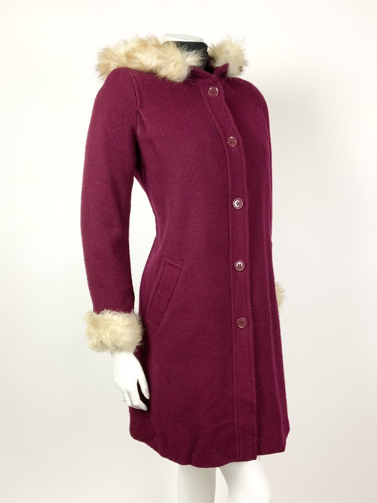 VINTAGE 60s 70s RASPBERRY RED HOODED WHITE FUR TRIM MOD SWING COAT 12 14 16