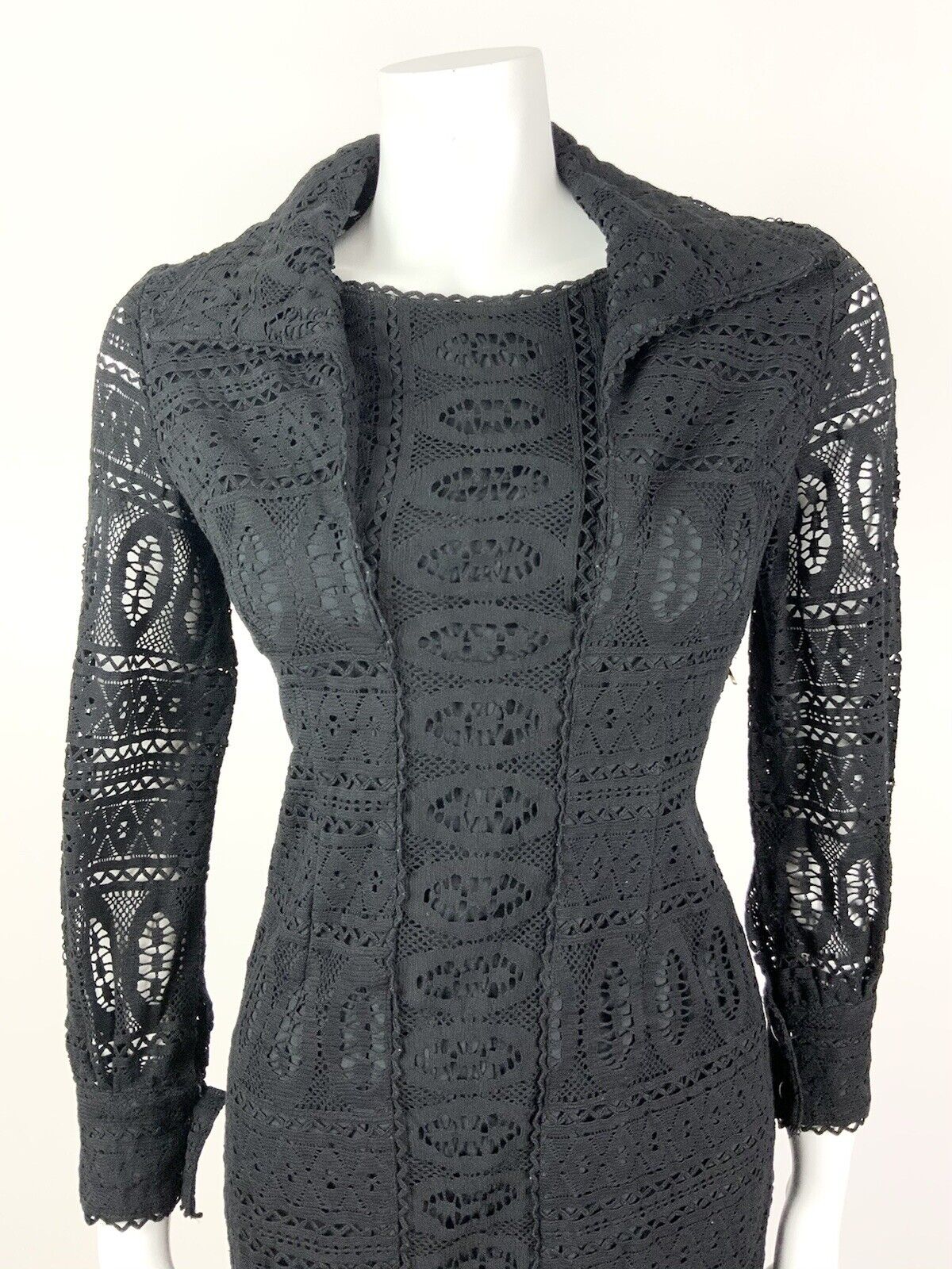 VINTAGE 60s 70s BLACK LACE CROCHET MOD COVEN GLAM WING COLLAR DRESS 10 12