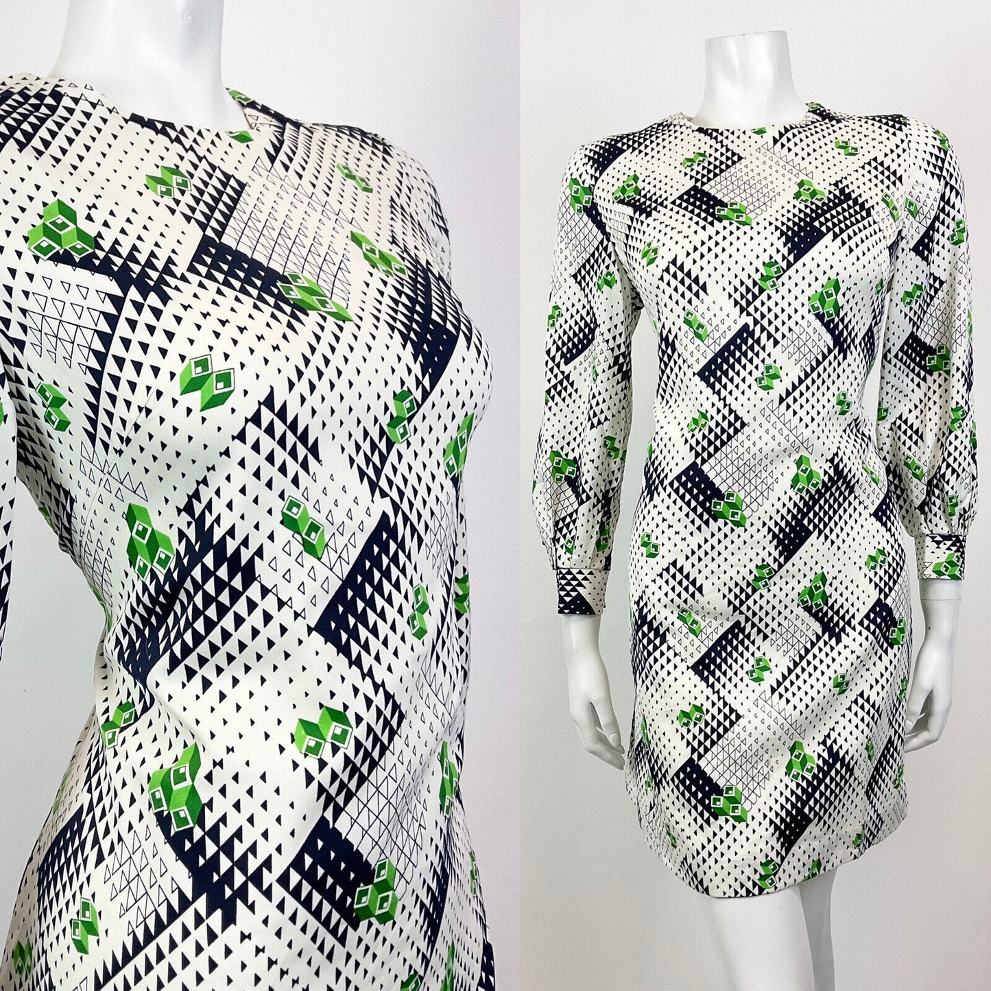 VINTAGE 60s 70s WHITE BLUE GREEN GEOMETRIC OP-ART MOD A-LINE SHORT DRESS 10 12
