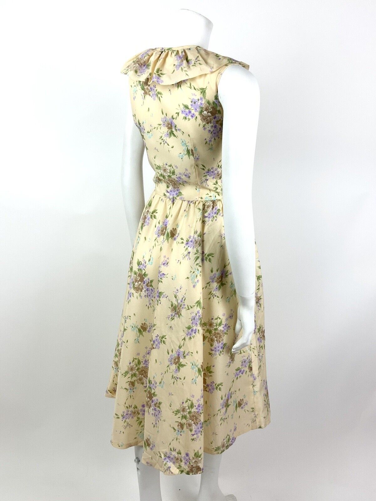 VINTAGE 60s 70s CREAM BROWN GREEN PURPLE FLORAL RUFFLE FLOATY DRESS 10 12