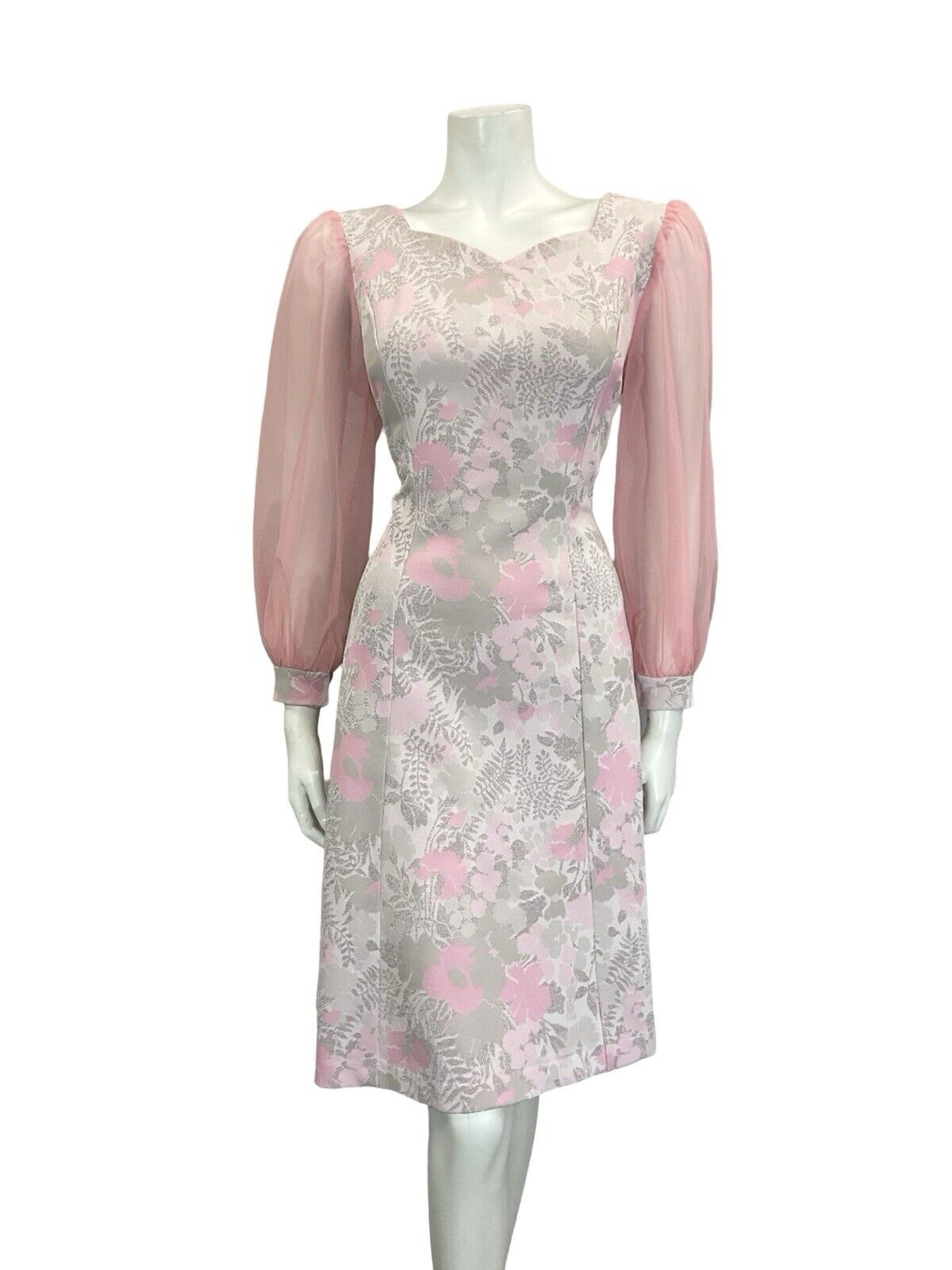VTG 60S PINK GREY SILVER FLORAL SWEETHEART MESH SLEEVE PARTY MINI DRESS 12