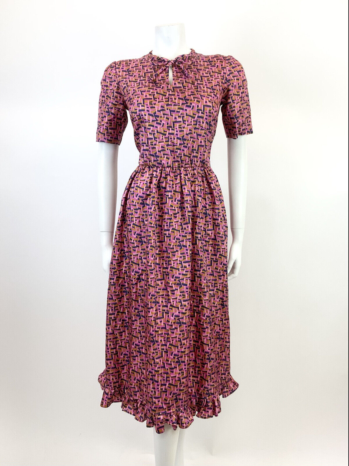 VINTAGE 60s 70s PINK BLUE GOLD BASKETWEAVE GEOMETRIC PSYCHEDELIC MOD DRESS 8 10