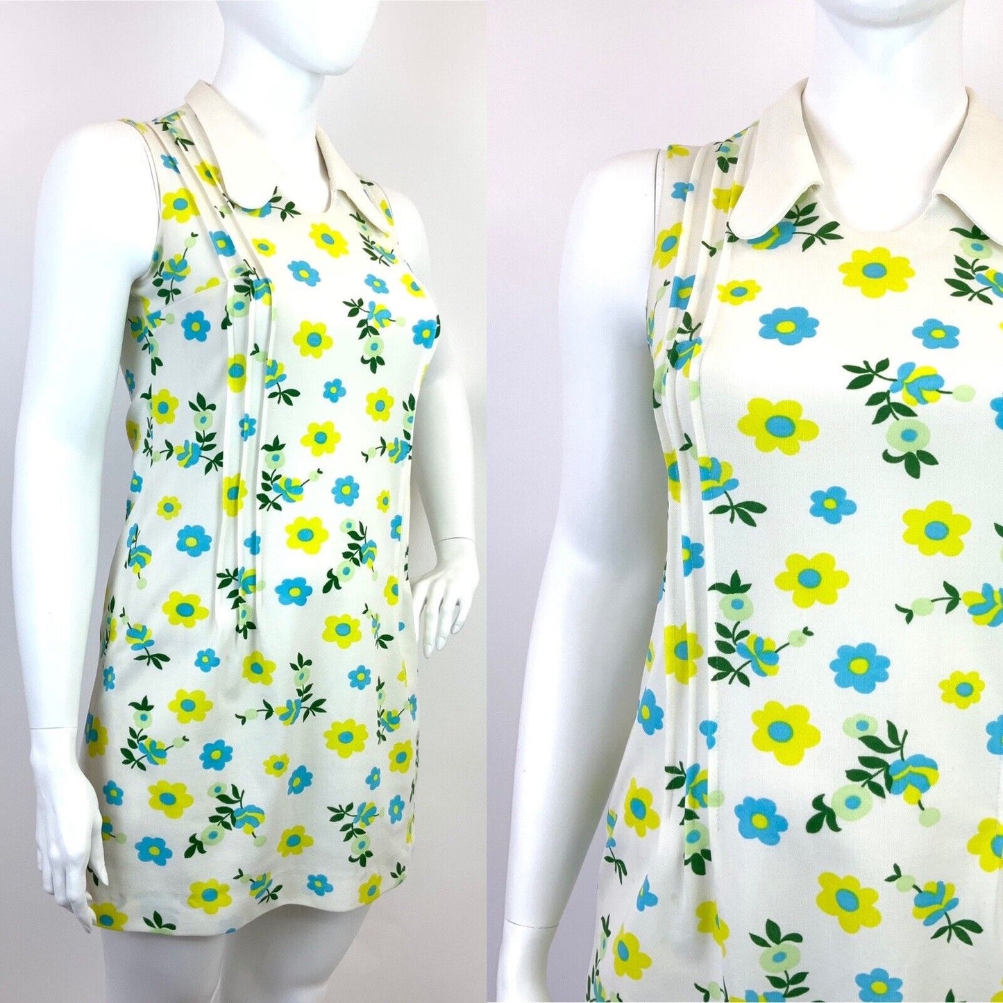 VINTAGE 60s 70s WHITE BLUE GREEN YELLOW FLORAL DAISY SPOON COLLAR MOD DRESS 16