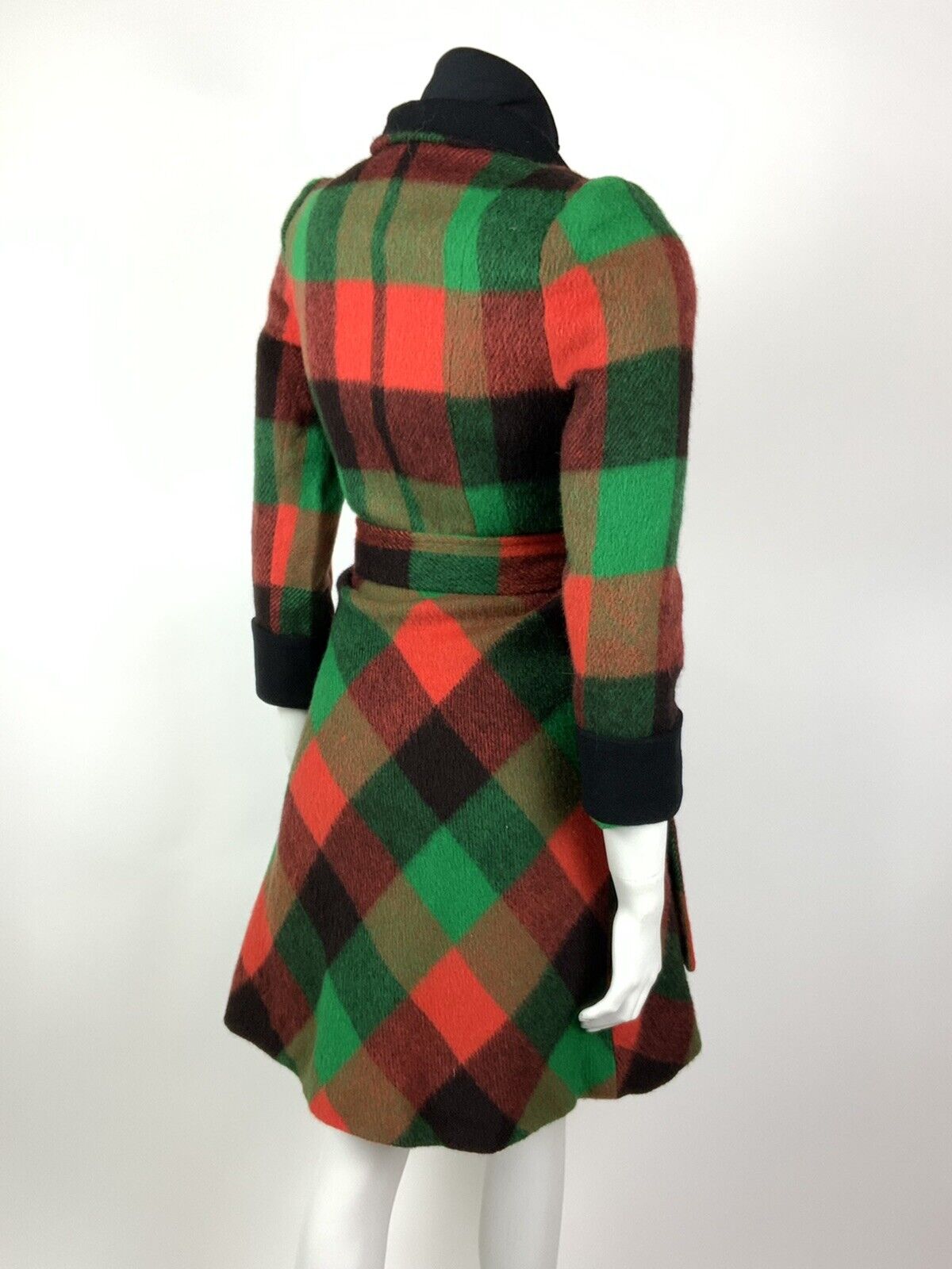 VTG 90s DOES 70S GREEN ORANGE BLACK CHECK BELTED PRINCESS SHORT WOOL COAT 8