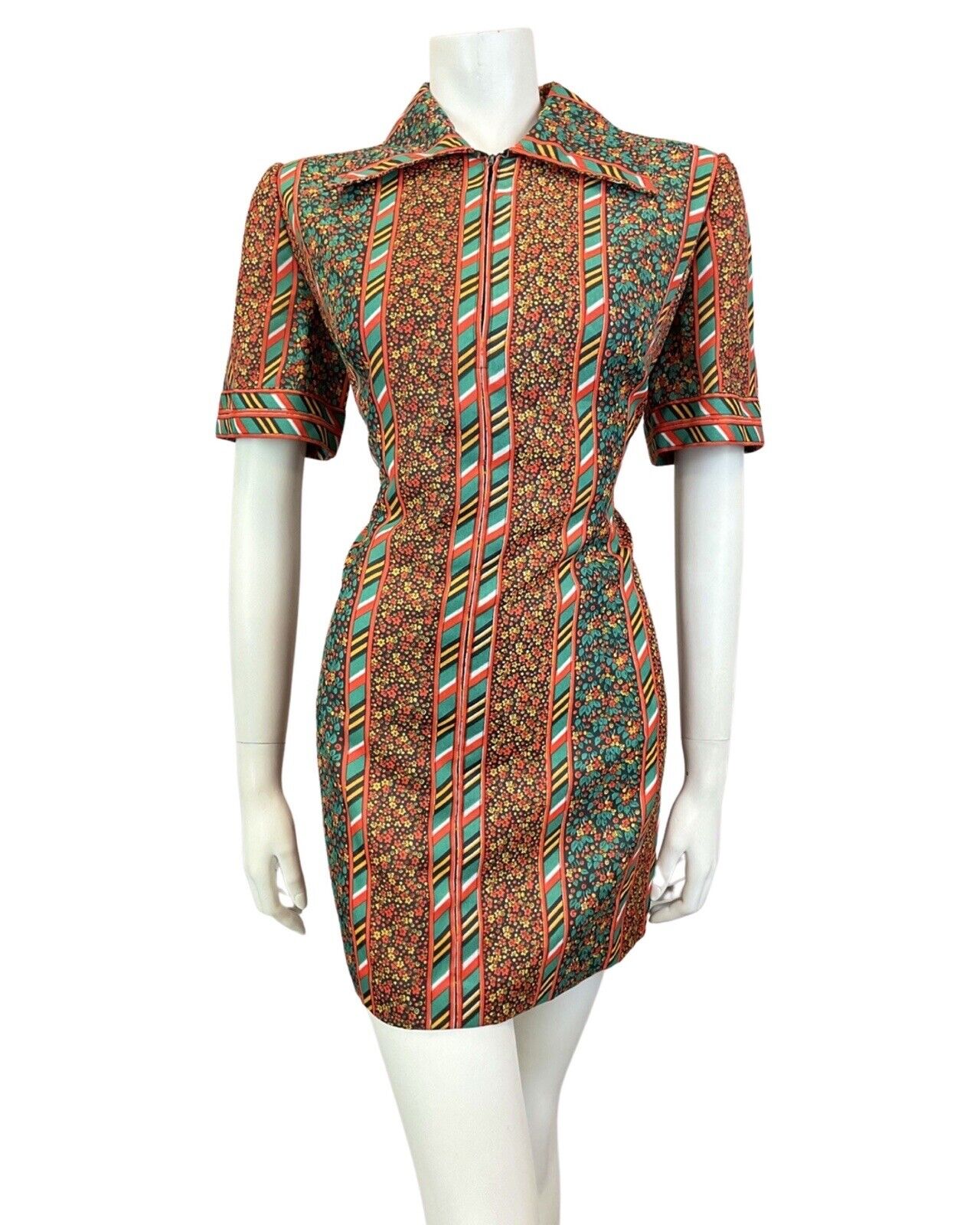 VINTAGE 60s 70s GREEN RED BLACK FLORAL DITSY STRIPED FOLK MOD SHIRT DRESS 12 14