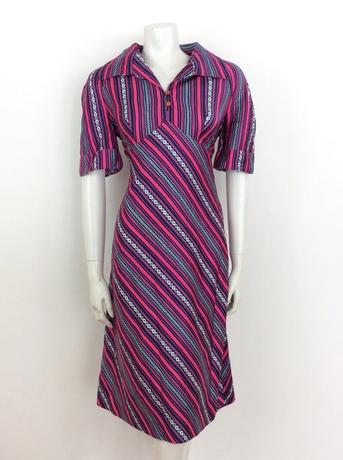 VINTAGE 60s 70s STRIPED CIRCLE GEOMETRIC SHIRT DRESS PINK BLUE WHITE 14