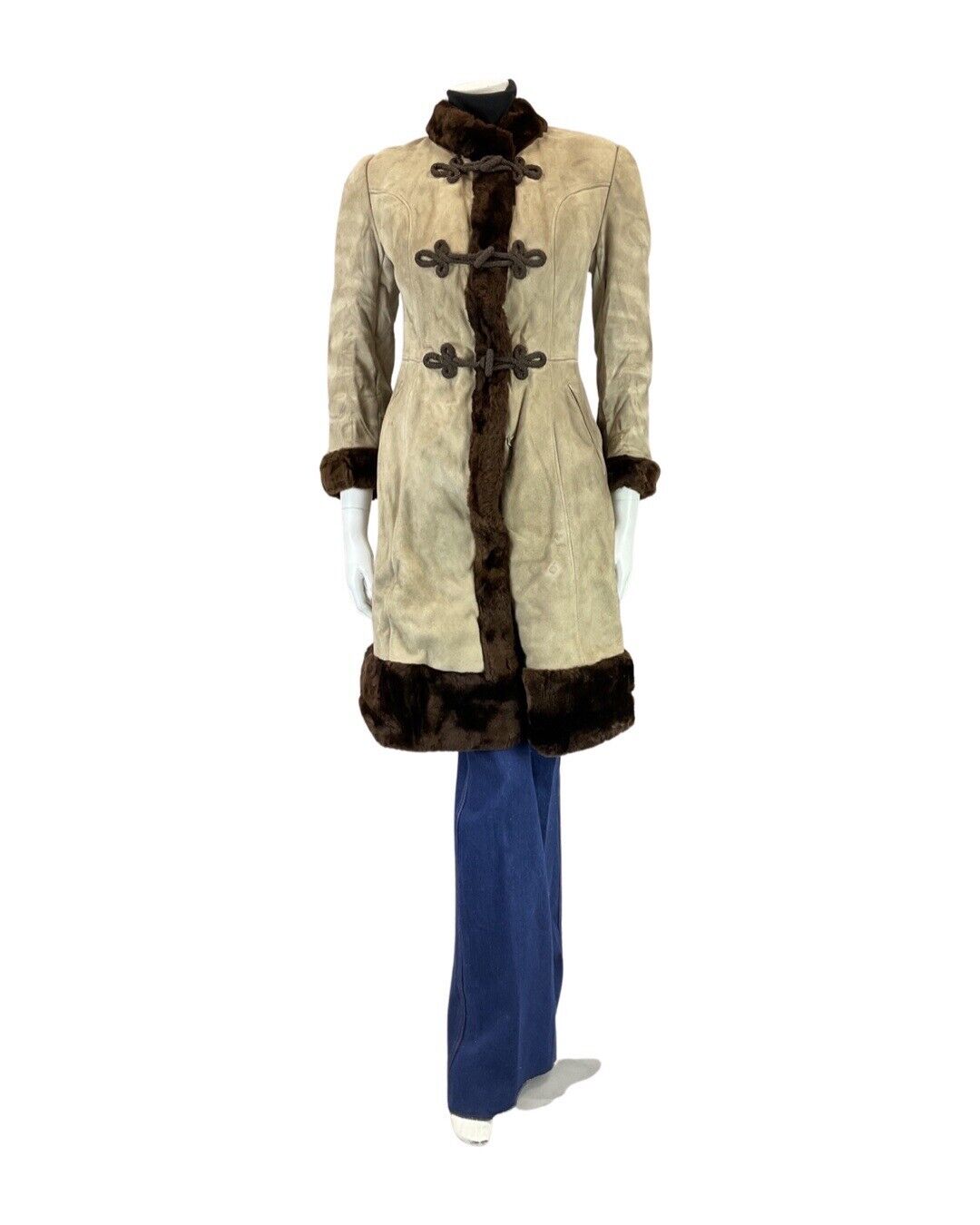 VINTAGE 60s 70s PEANUT BROWN ZHIVAGO BROCADE SUEDE LEATHER SHEARLING COAT 6 8