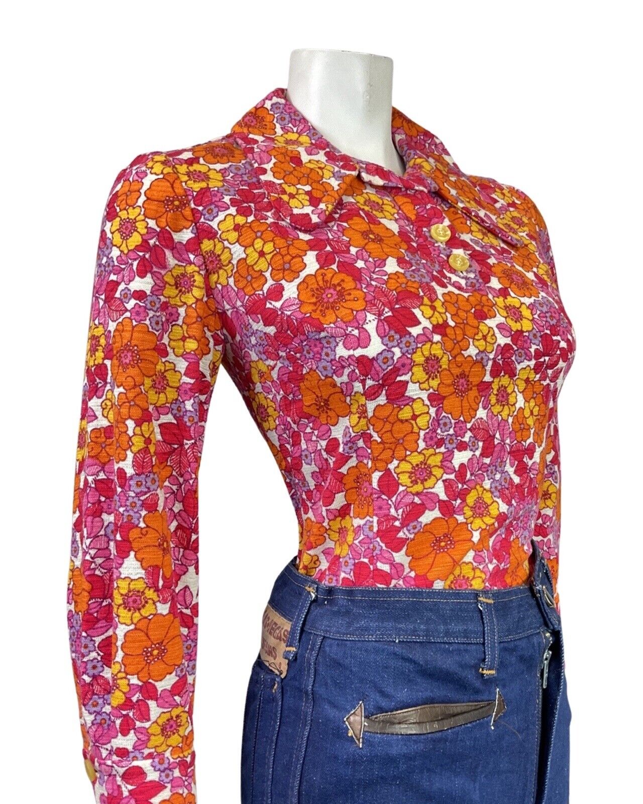 VINTAGE 60s 70s PINK ORANGE RED PSYCHEDELIC FLORAL DAISY BEAGLE COLLAR BLOUSE 8