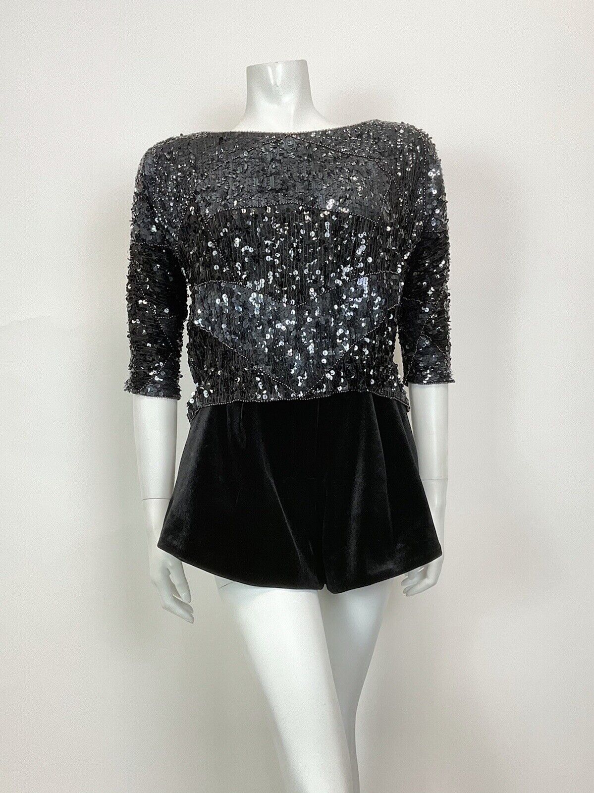 VINTAGE 70s BLACK SEQUIN BEADED DISCO PARTY GLAM CROPPED BLOUSE TOP 12